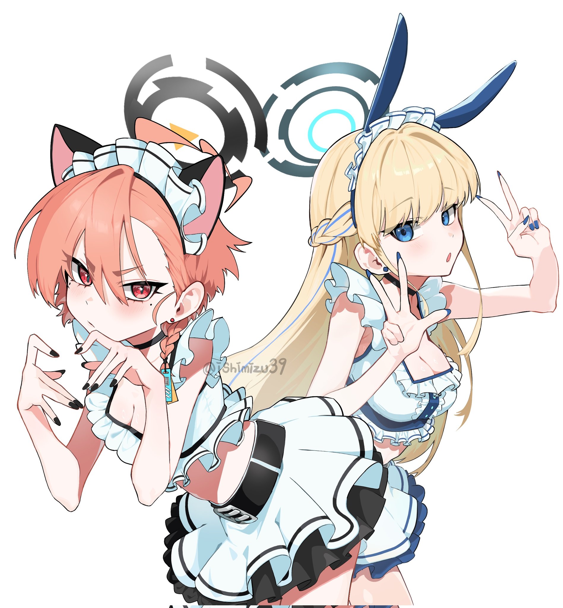 jjigong chigon, neru (blue archive), toki (blue archive), toki (bunny) (blue archive), blue archive, 2girls, ahoge, animal ear hairband, animal ears, belt, black choker, black nails, black skirt, blonde hair, blue eyes, blue hairband, blue nails, blue skirt, blush, braid, breasts, cat ear hairband, cat ears, choker, cleavage, crop top, crown braid, earrings, fake animal ears, frilled hairband, frilled shirt, frilled skirt, frills, hair ornament, hair tie, hairband, halo, heart, heart hands, jewelry, layered skirt, leaning forward, long hair, maid headdress, medium breasts, midriff, mole, mole under each eye, mole under eye, multiple girls, multiple moles, open mouth, orange hair, rabbit ear hairband, rabbit ears, red eyes, shirt, short hair, side braid, skirt, sleeveless, sleeveless shirt, slit pupils, small breasts, standing, twitter username, v, w, watermark, white background, white shirt, white skirt
