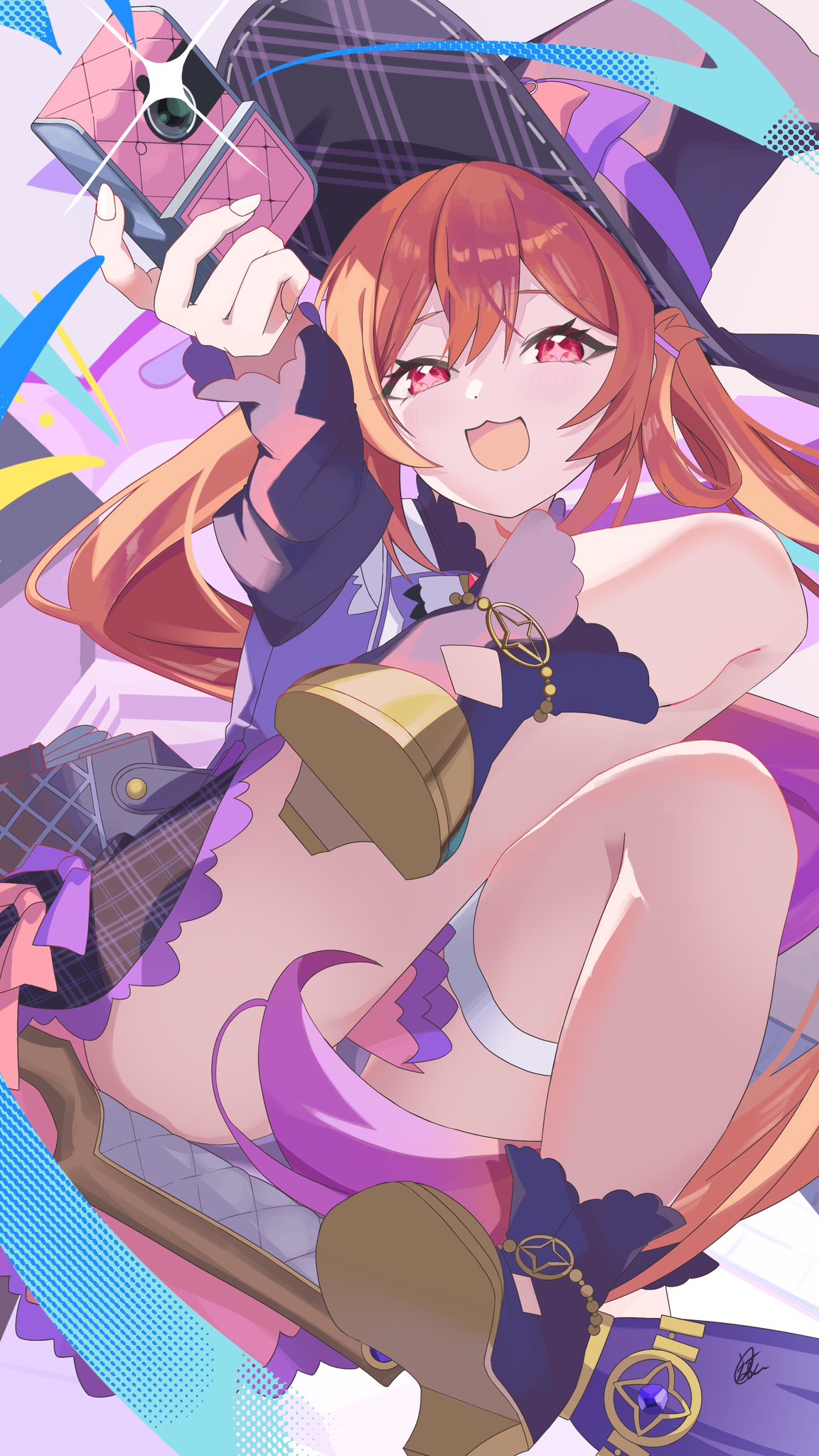 esu 3101, mistique (stella sora), stella sora, highres, + +, 1girl, :3, :d, bag, black dress, black hat, blush, bow, broom, broom riding, camera, dress, fingernails, hat, hat bow, high heels, holding, holding camera, juliet sleeves, long fingernails, long hair, long sleeves, looking at viewer, open mouth, orange hair, puffy sleeves, purple bow, purple hat, red eyes, shoulder bag, simple background, smile, solo, thigh strap, thighs, twintails, very long hair, white background, witch hat