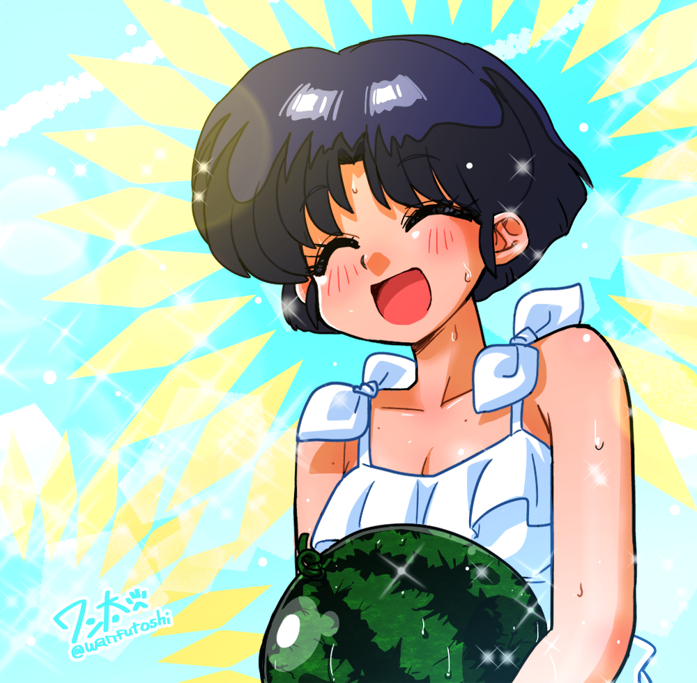wanta (futoshi), tendou akane, ranma 1/2, 1girl, ^ ^, artist name, bare shoulders, blue background, blue hair, blue sky, breasts, cleavage, closed eyes, collarbone, food, fruit, holding, holding food, holding fruit, light blush, open mouth, short hair, signature, sky, smile, solo, sweat, watermelon