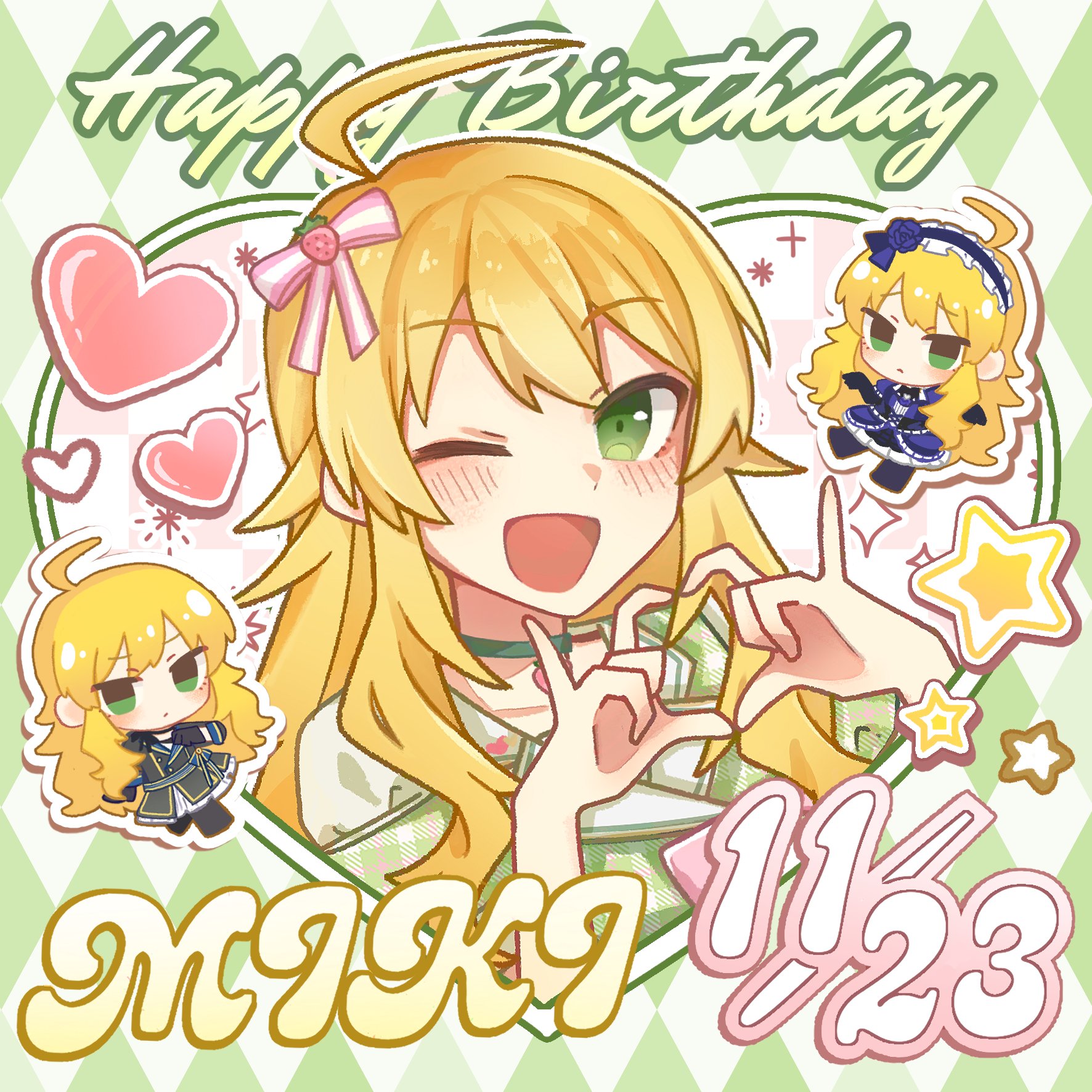 chiwawa174, hoshii miki, idolmaster, idolmaster (classic), hashtag-only commentary, highres, 1girl, :d, ahoge, birthday, blonde hair, blush, character name, chibi, chibi inset, dated, green eyes, happy birthday, heart, heart hands, long hair, looking at viewer, one eye closed, open mouth, outline, smile, solo focus, star (symbol), white outline
