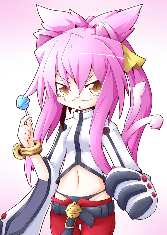 reku, kokonoe (blazblue), arc system works, blazblue, 1girl, animal ears, bell, belt, black panties, blonde hair, candy, cat ears, cat tail, female focus, food, glasses, hair ribbon, jewelry, lab coat, lollipop, long hair, midriff, multiple tails, navel, panties, pants, pince-nez, pink hair, ponytail, red pants, ribbon, scientist, solo, tail, underwear