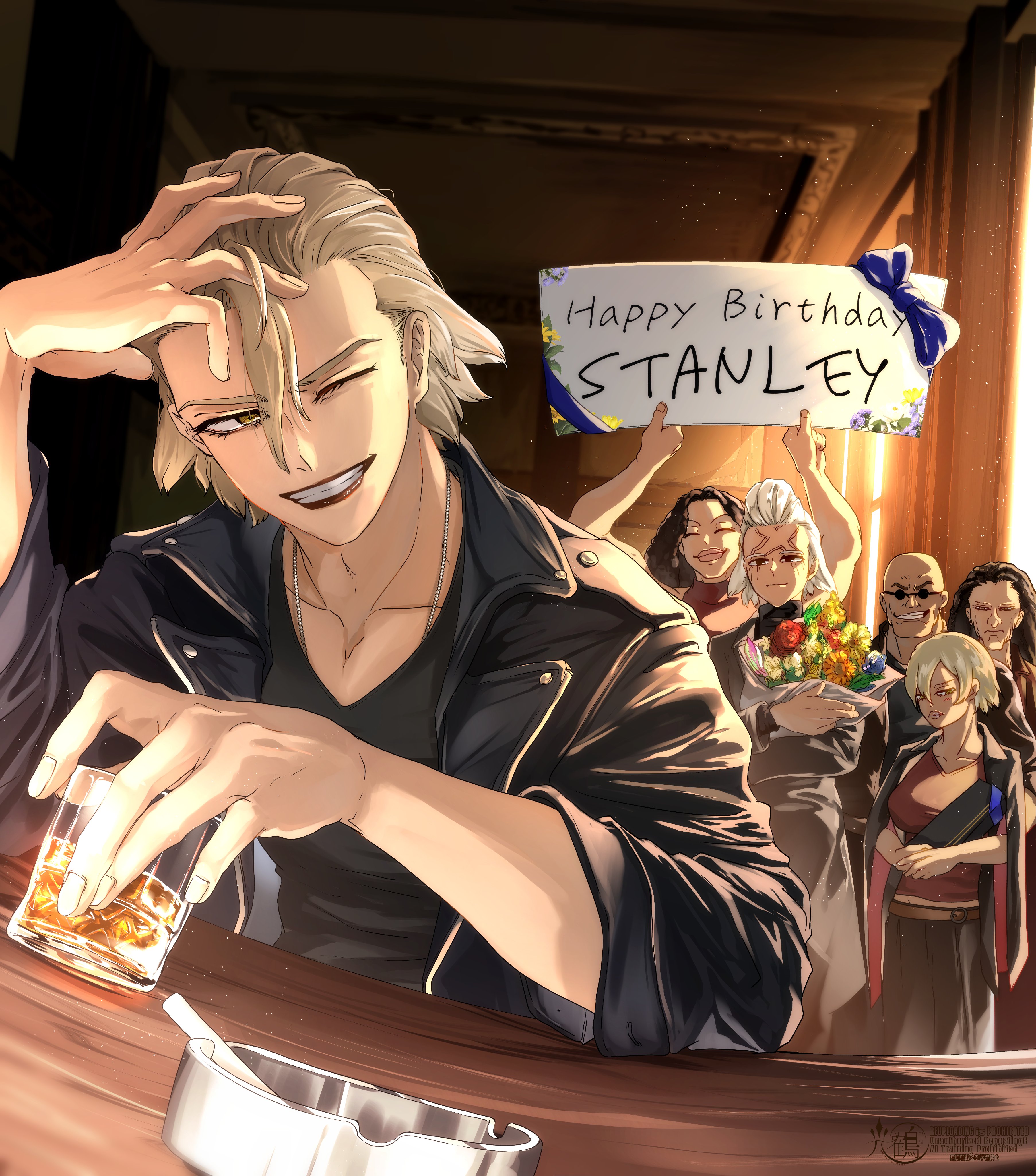 mitsuru (aica hikari), dr. stone, absurdres, hashtag-only commentary, highres, 2girls, 4boys, alcohol, bald, birthday, black hair, black jacket, blonde hair, bouquet, brody dudley, charlotte (dr. stone), closed eyes, cup, drinking glass, flower, happy birthday, holding, holding bouquet, indoors, jacket, jewelry, leather, leather jacket, leonard maxwell, long hair, looking at viewer, maya biggs (dr. stone), multiple boys, multiple girls, necklace, one eye closed, open mouth, scar, scar across eye, scar on face, short hair, smile, stanley snyder (dr.stone), sunglasses, white hair, xeno (dr.stone), yellow eyes