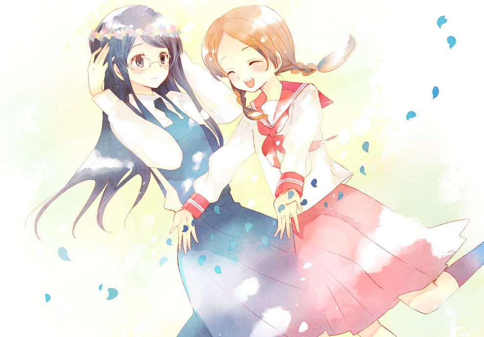 hara yui, manjoume fumi, okudaira akira, aoi hana, bad id, bad pixiv id, 00s, 2girls, black hair, blue eyes, braid, brown hair, closed eyes, glasses, multiple girls, necktie, school uniform, twin braids