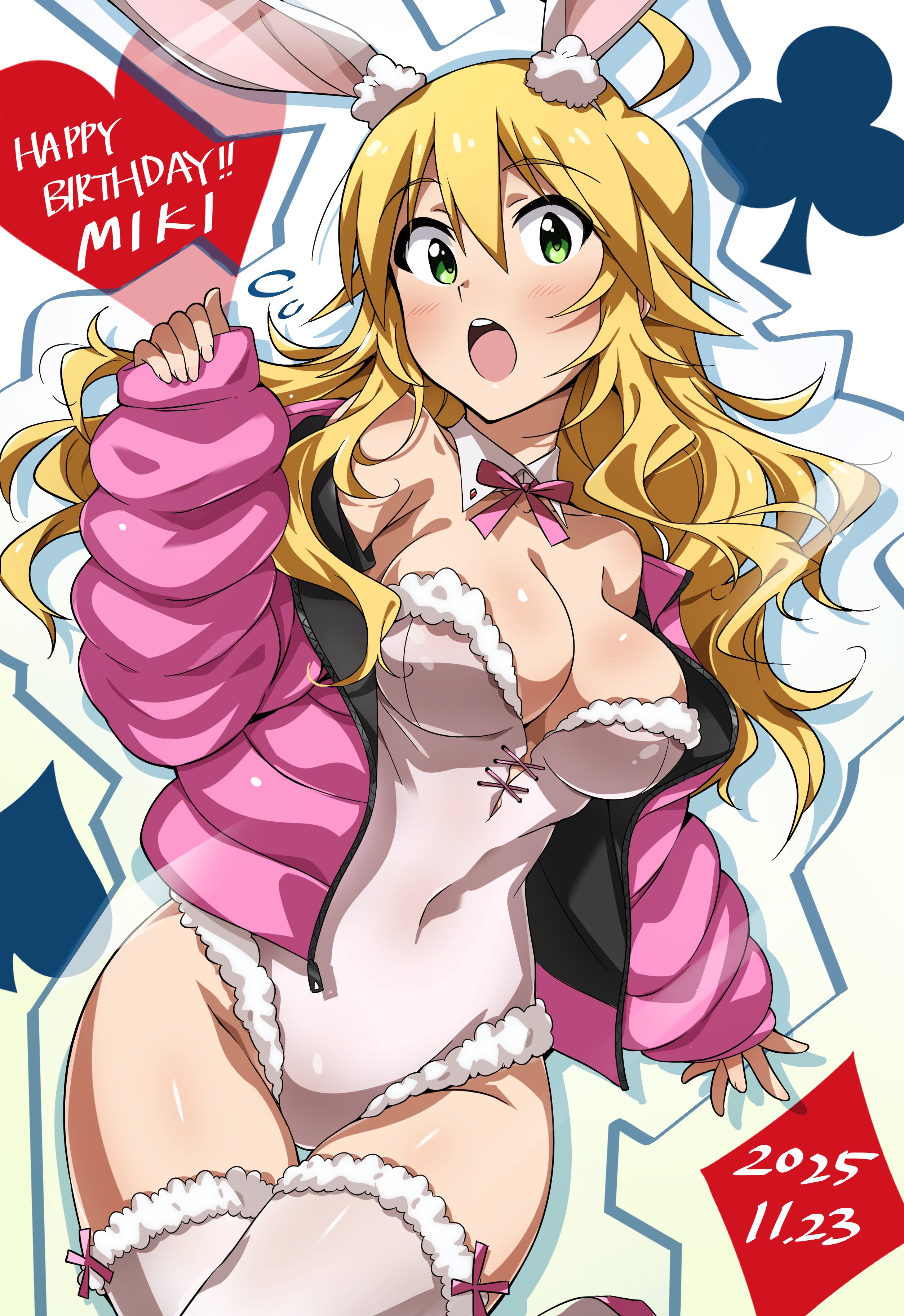 tokiani, hoshii miki, idolmaster, idolmaster (classic), absurdres, highres, 1girl, :o, animal ear fluff, animal ears, birthday, blonde hair, bow, bowtie, breasts, character name, club (shape), covered navel, cowboy shot, dated, detached collar, green eyes, hand up, happy birthday, jacket, leotard, long hair, long sleeves, open clothes, open jacket, open mouth, pink bow, pink bowtie, pink jacket, pink leotard, playboy bunny, rabbit ears, solo, strapless, strapless leotard, teeth, thighhighs, upper teeth only