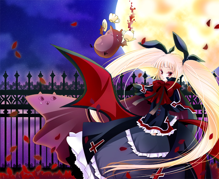 muzuki uruu, sweetishdrop, uruu (sweetishdrop), gii, nago, rachel alucard, arc system works, blazblue, bad id, bad pixiv id, 1girl, bat (animal), blonde hair, clumsy, cup, dress, female focus, frills, gothic lolita, hair ribbon, lolita fashion, long hair, moon, ribbon, solo, spill, teacup, teapot, twintails, vampire, wings