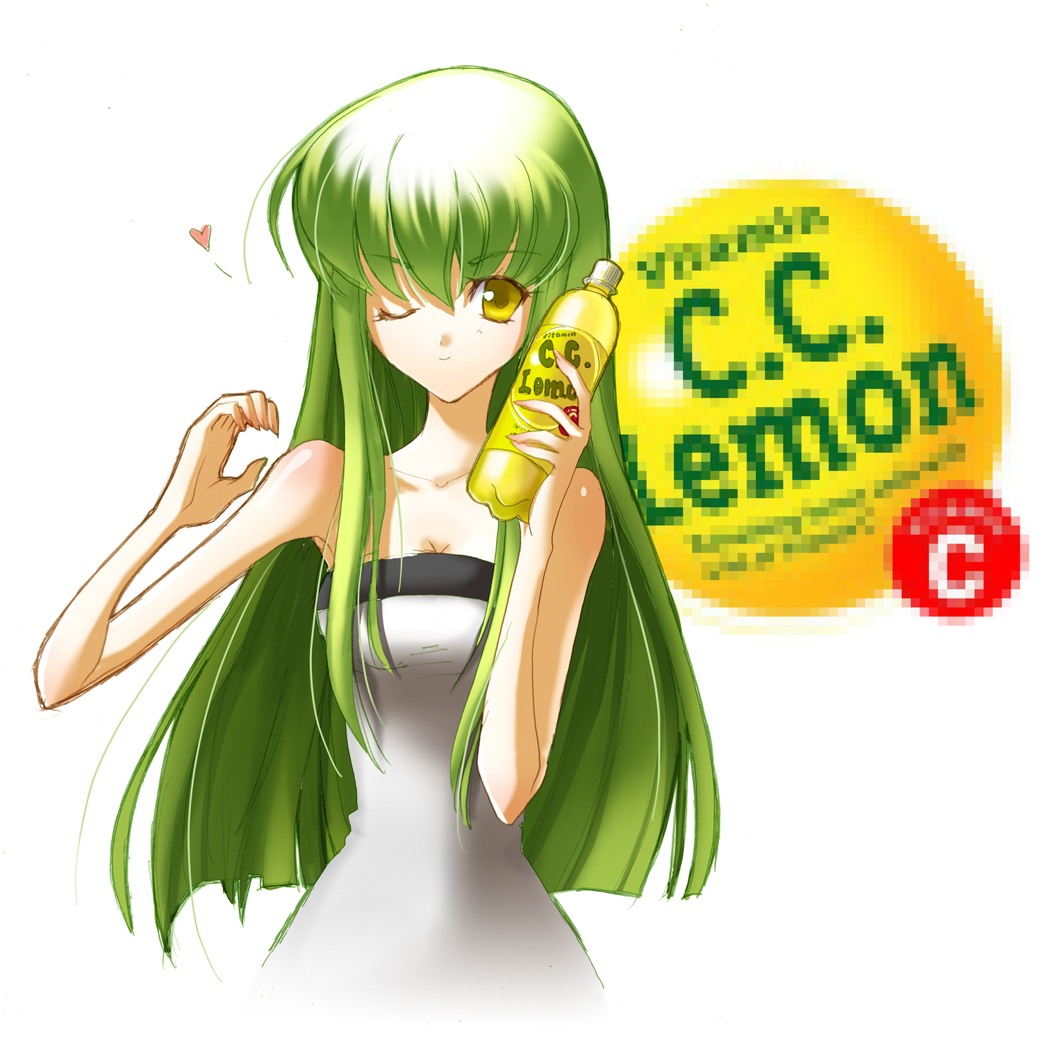 s-yin, c.c., c.c. lemon, code geass, bad id, bad pixiv id, highres, 1girl, censored, fake censor, female focus, green hair, heart, long hair, name connection, one eye closed, parody, product placement, solo, white background, wink, yellow eyes