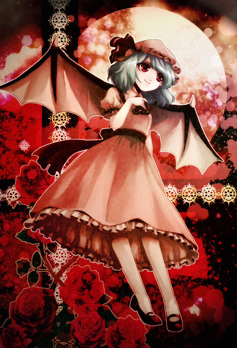 awa toka, remilia scarlet, touhou, bad id, bad pixiv id, 1girl, bat wings, blue hair, dress, female focus, flower, full body, hat, mary janes, moon, plant, red eyes, rose, shoes, short hair, socks, solo, wings
