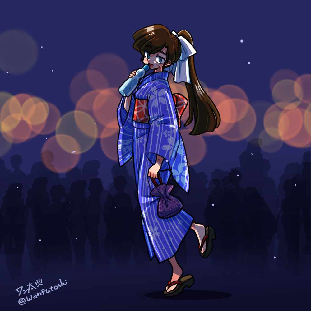 wanta (futoshi), kuonji ukyou, ranma 1/2, 1girl, blue eyes, blue kimono, bottle, brown hair, brown sandals, crowd, dark background, full body, hair ribbon, holding, holding bottle, japanese clothes, kimono, long hair, open mouth, ponytail, ribbon, sandals, smile, solo focus, white ribbon
