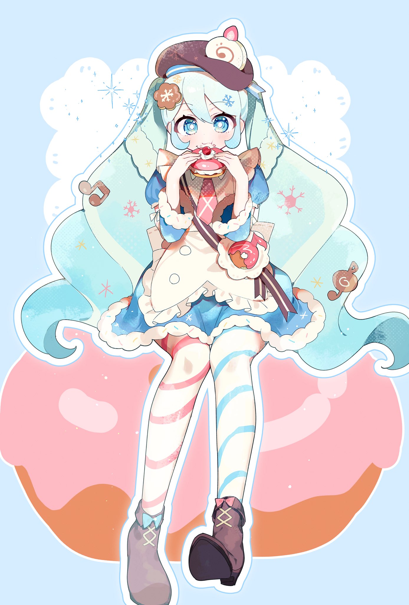tsuchinoko (tutituti0125), hatsune miku, yuki miku, yuki miku (2026), vocaloid, commentary request, highres, 1girl, ankle boots, apron, aqua eyes, aqua hair, blue bow, blue dress, blue sleeves, blue thighhighs, boots, bow, bowtie, bright pupils, brown boots, brown hat, chewing, closed mouth, collared dress, detached sleeves, double-parted bangs, dress, dress bow, eating, food, food-themed clothes, food-themed hat ornament, footwear bow, frilled apron, frills, full body, fur-trimmed dress, fur-trimmed sleeves, fur trim, hair between eyes, hair ornament, hat, hat ornament, holding, holding food, knees together feet apart, lace-up boots, long hair, long sleeves, medium dress, mismatched thighhighs, musical note-themed food, necktie, official alternate costume, official alternate hairstyle, pink bow, pink bowtie, pink necktie, pink thighhighs, puffy short sleeves, puffy sleeves, rabbit, short sleeves, sitting, sleeve bow, snowflake print, snowflakes, snowing, solo, sprinkles, striped clothes, striped thighhighs, thighhighs, twintails, two-tone sleeves, two-tone thighhighs, very long hair, wavy hair, white apron, white bow, white pupils, white sleeves, white thighhighs, wide sleeves