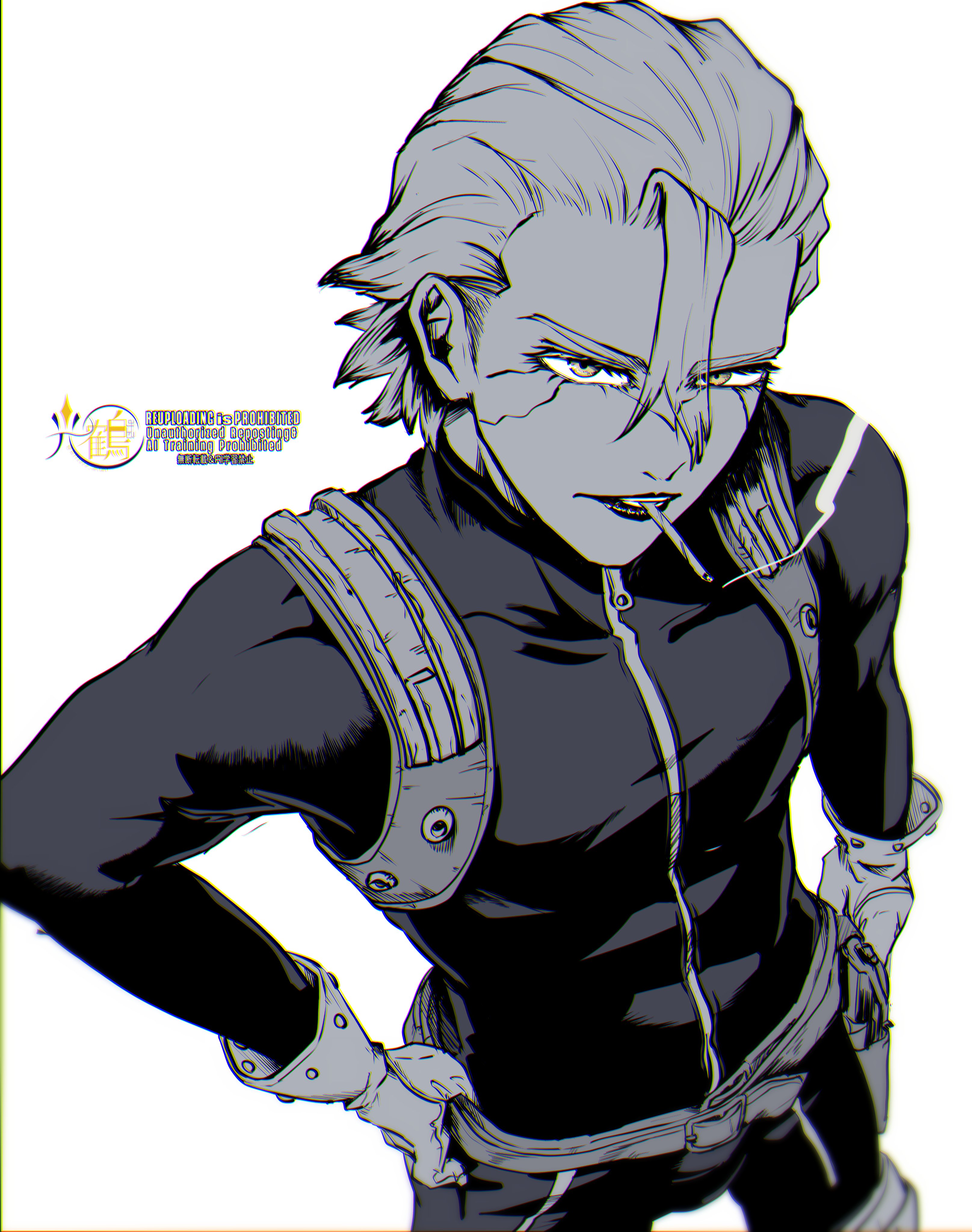 mitsuru (aica hikari), dr. stone, absurdres, highres, 1boy, belt, chromatic aberration, cigarette, gloves, gun, hair between eyes, hair slicked back, hands on own hips, holster, long sleeves, looking at viewer, male focus, monochrome, scar, scar on face, short hair, simple background, smoke, smoking, solo, stanley snyder (dr.stone), weapon, white background, yellow eyes, zipper