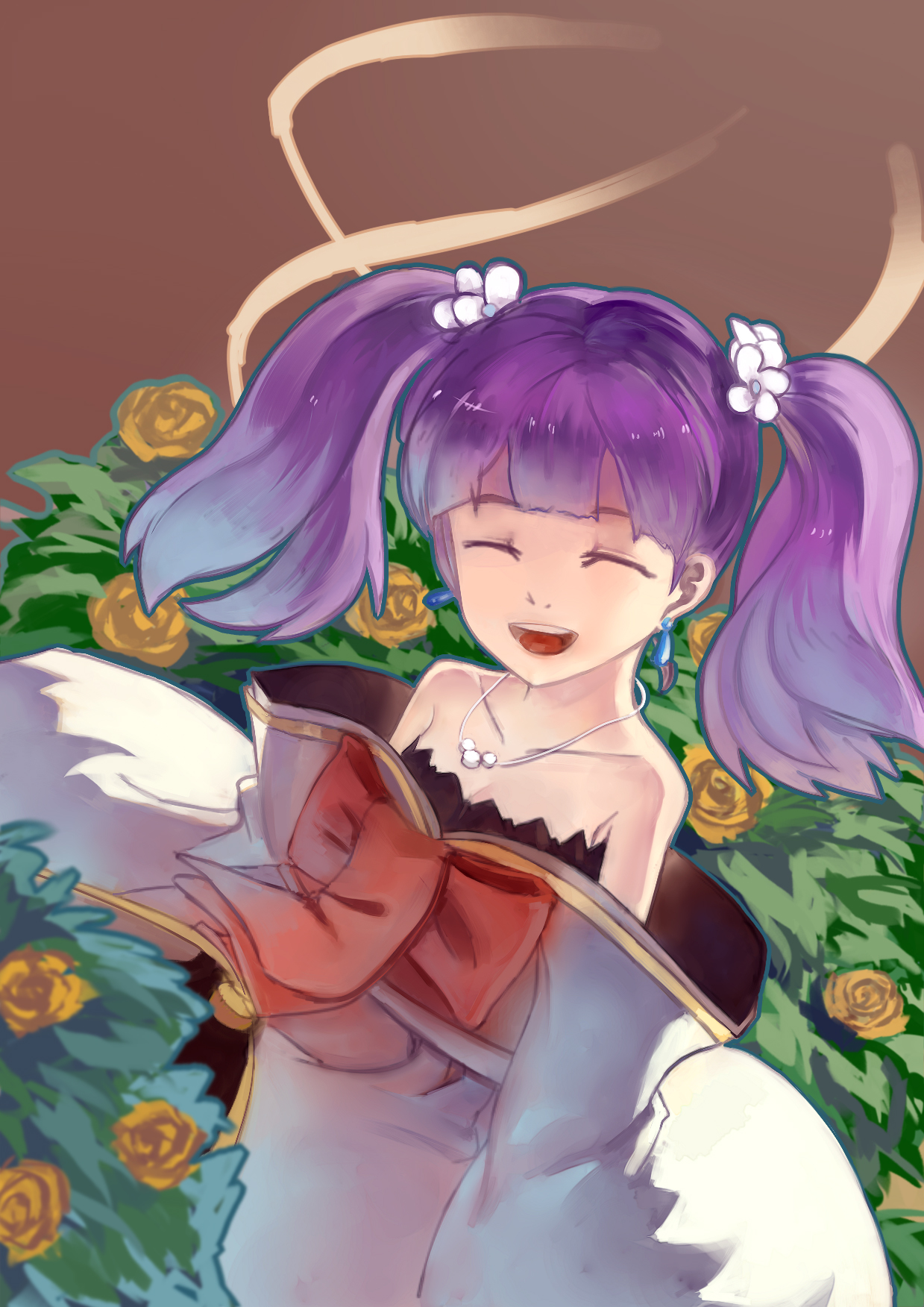 ciel (19940421), nessa (fractale), fractale, commentary request, highres, 1girl, bow, breasts, brown background, cleavage, closed eyes, collarbone, earrings, flower, hair flower, hair ornament, jewelry, long hair, necklace, open mouth, purple hair, red bow, rose, rose bush, solo, twintails, yellow flower, yellow rose