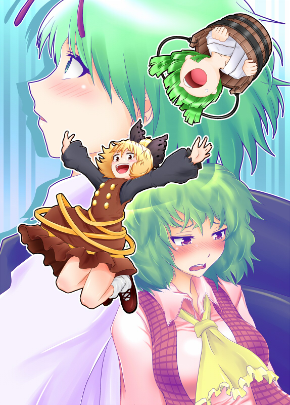 kishimasa, kazami yuuka, kisume, kurodani yamame, wriggle nightbug, touhou, 4girls, antennae, ascot, blonde hair, blush, bow, bucket, cape, female focus, green eyes, green hair, hair bow, in bucket, in container, multiple girls, plaid clothes, plaid vest, red eyes, short hair, vest, wavy mouth, yellow eyes