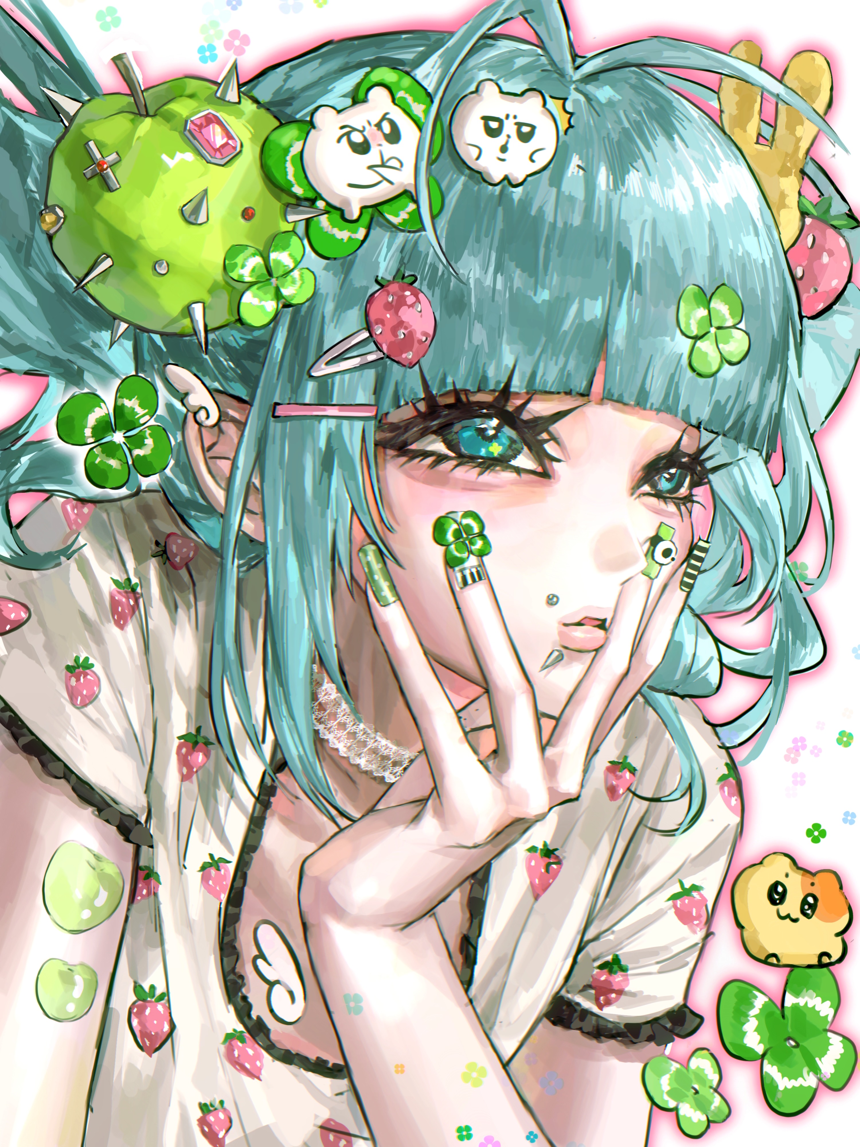 real life, absurdres, character request, chinese commentary, commentary request, highres, photo-referenced, 1girl, aegyo sal, angel wings hair ornament, antenna hair, apple, aqua hair, black trim, blue eyes, blunt bangs, choker, clover, clover hair ornament, cross, fei niao si, floating hair, food, food-themed hair ornament, food print, four-leaf clover, four-leaf clover hair ornament, fruit, fruit print, hair ornament, hand on own face, heisei retro, hinata (xg), lace, lace choker, lace trim, long hair, looking ahead, medium hair, nail art, outline, pink outline, shirt, short sleeves, sidelocks, simple background, snakebite (piercing), solo, spikes, sticker, sticker on arm, strawberry hair ornament, strawberry print, upper body, white background, white shirt, xg (group)