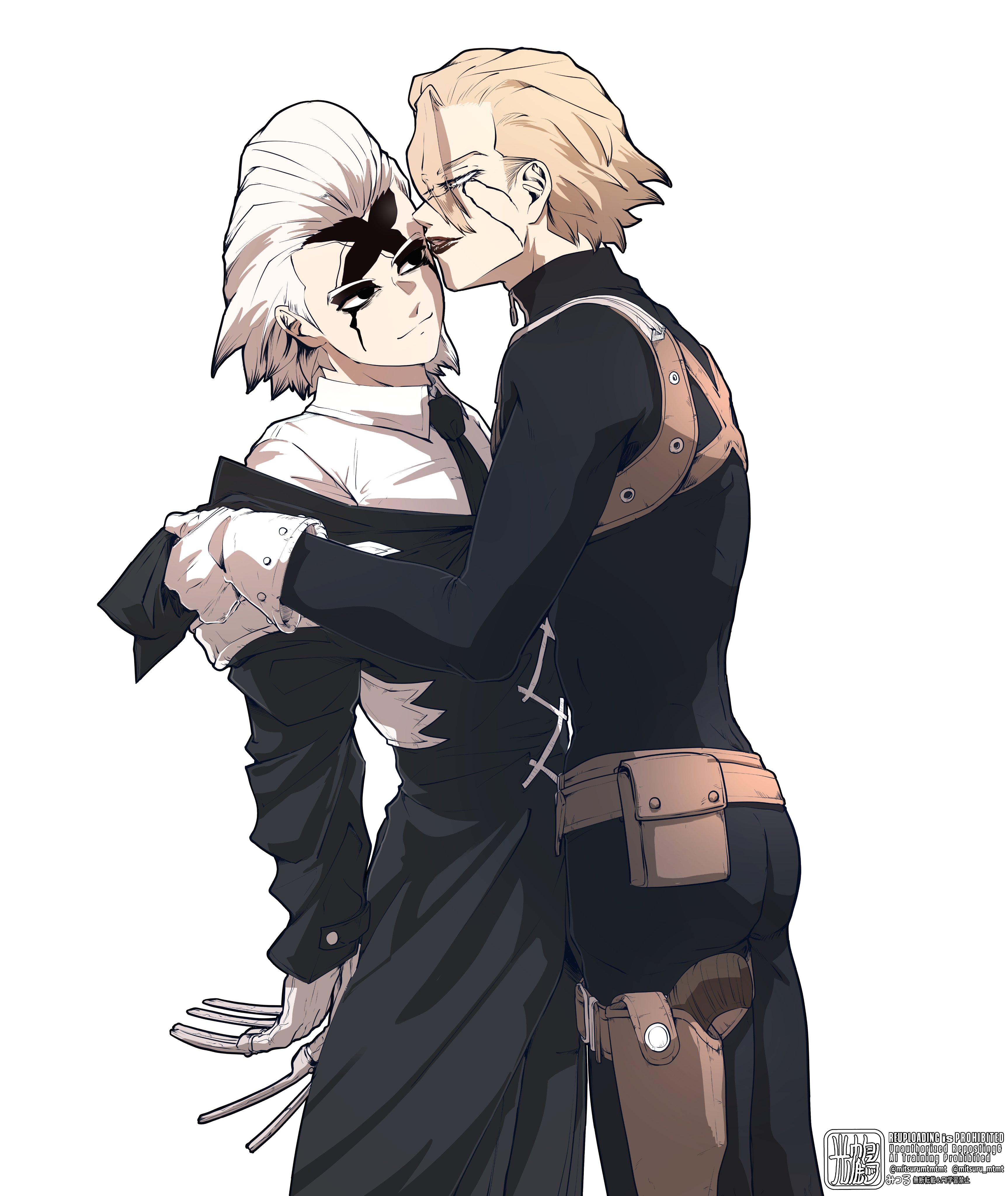 mitsuru (aica hikari), dr. stone, absurdres, highres, 2boys, black necktie, black sclera, blonde hair, bodysuit, colored sclera, cracked skin, gloves, gun, hair slicked back, holster, holstered, knife, licking, licking another's face, long sleeves, looking at another, male focus, multiple boys, necktie, shirt, short hair, simple background, stanley snyder (dr.stone), thigh holster, tongue, tongue out, weapon, white background, white gloves, white hair, white shirt, xeno (dr.stone), yaoi