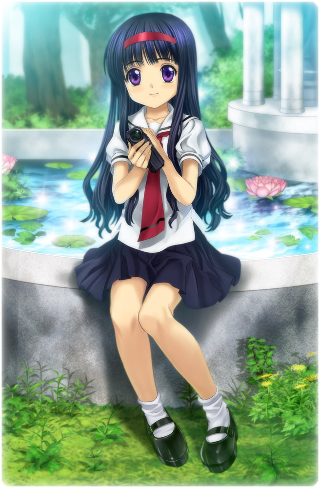 mutsuki (moonknives), daidouji tomoyo, cardcaptor sakura, kodansha, 1990s (style), 1girl, black hair, camcorder, child, female focus, flower, full body, hairband, long hair, mary janes, purple eyes, retro artstyle, shoes, sitting, smile, solo, video camera