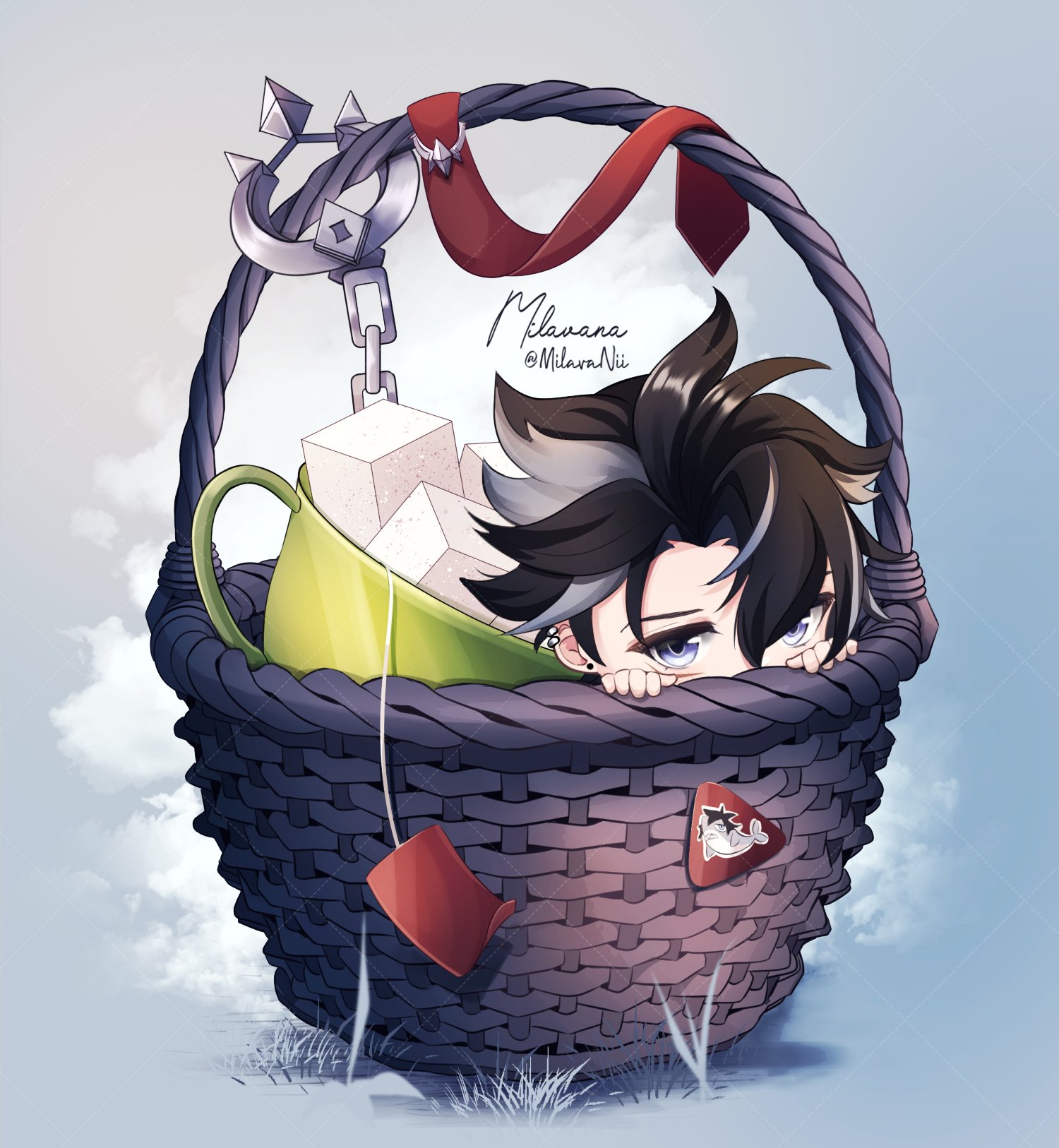 milavana, wriothesley (genshin impact), genshin impact, commentary, highres, symbol-only commentary, 1boy, black hair, cup, grey background, grey eyes, hair between eyes, looking at viewer, male focus, peeking out, signature, solo, sugar cube, teacup, twitter username, wicker basket
