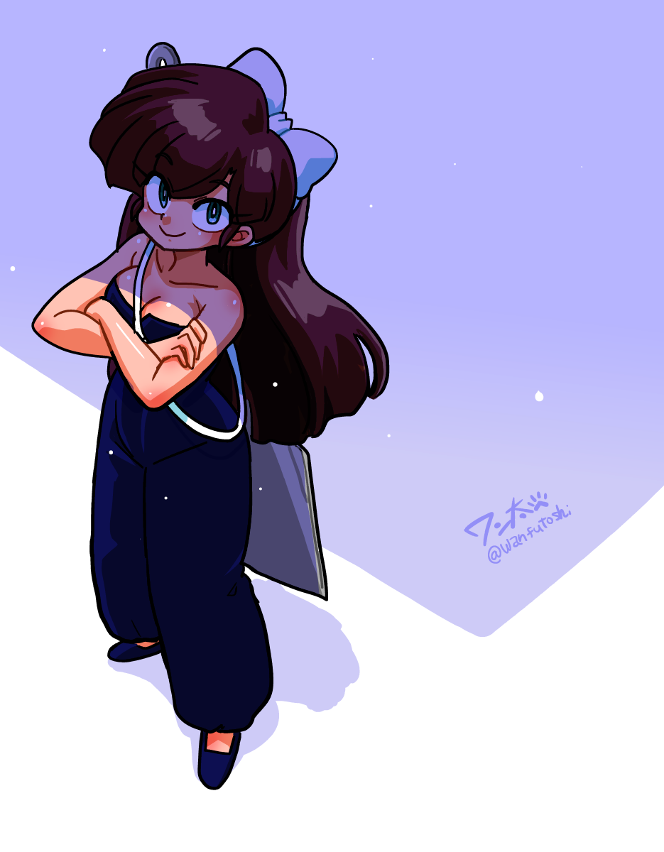 wanta (futoshi), kuonji ukyou, ranma 1/2, highres, tagme, 1girl, bare shoulders, blue shoes, bow, breasts, brown hair, cleavage, closed mouth, collarbone, crossed arms, full body, green eyes, hair bow, shoes, signature, smile, solo, spatula, straight hair, white background, white bow
