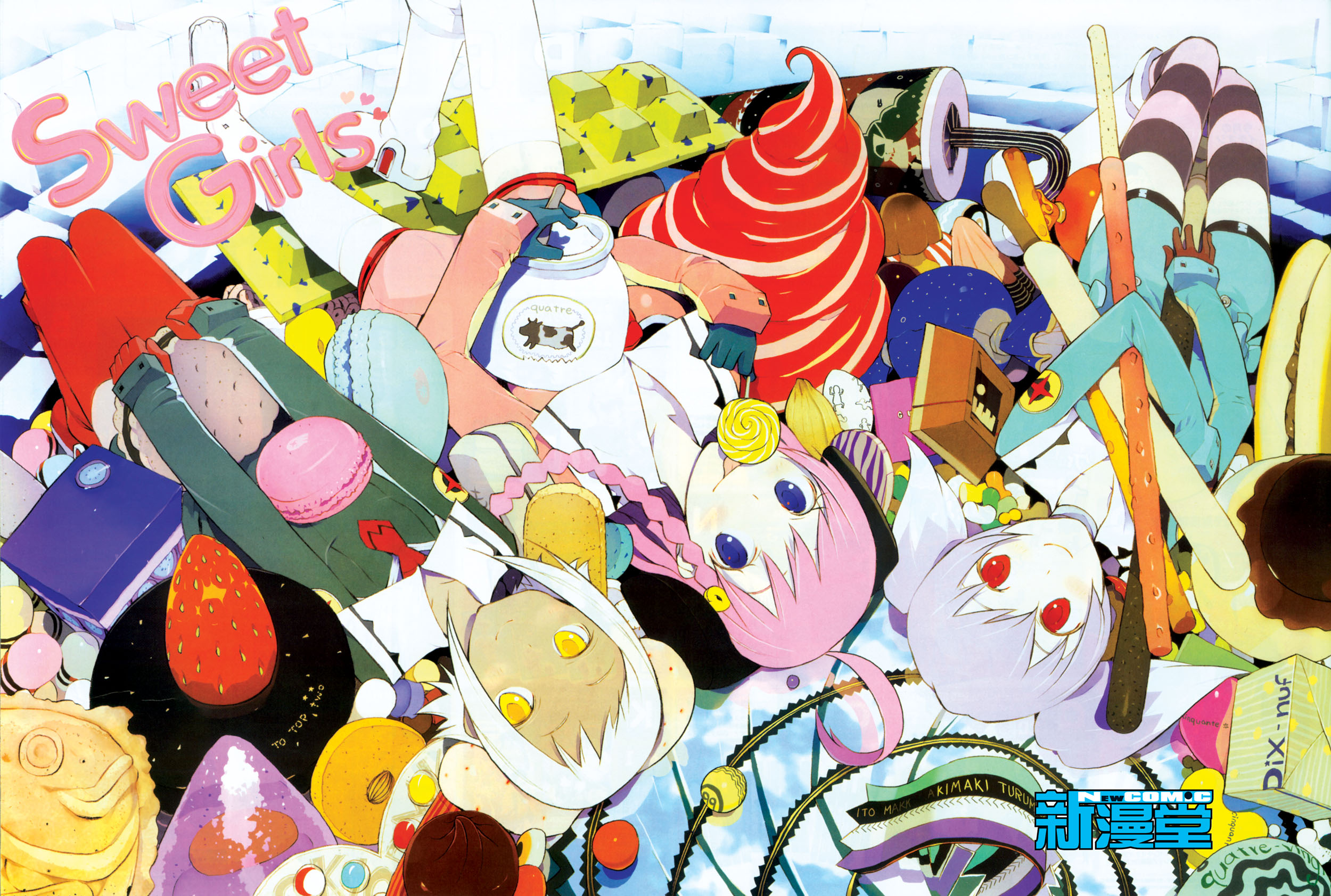 chiko, okama, lal'c mellk mal, nono (top wo nerae 2!), tycho science, top wo nerae! (series), top wo nerae 2!, striped legwear, highres, 00s, blue eyes, candy, dark-skinned female, dark skin, dessert, food, lying, macaron, pantyhose, pink hair, pocky, red eyes, short hair, striped clothes, striped pantyhose, taiyaki, thighhighs, wagashi, white hair, yellow eyes