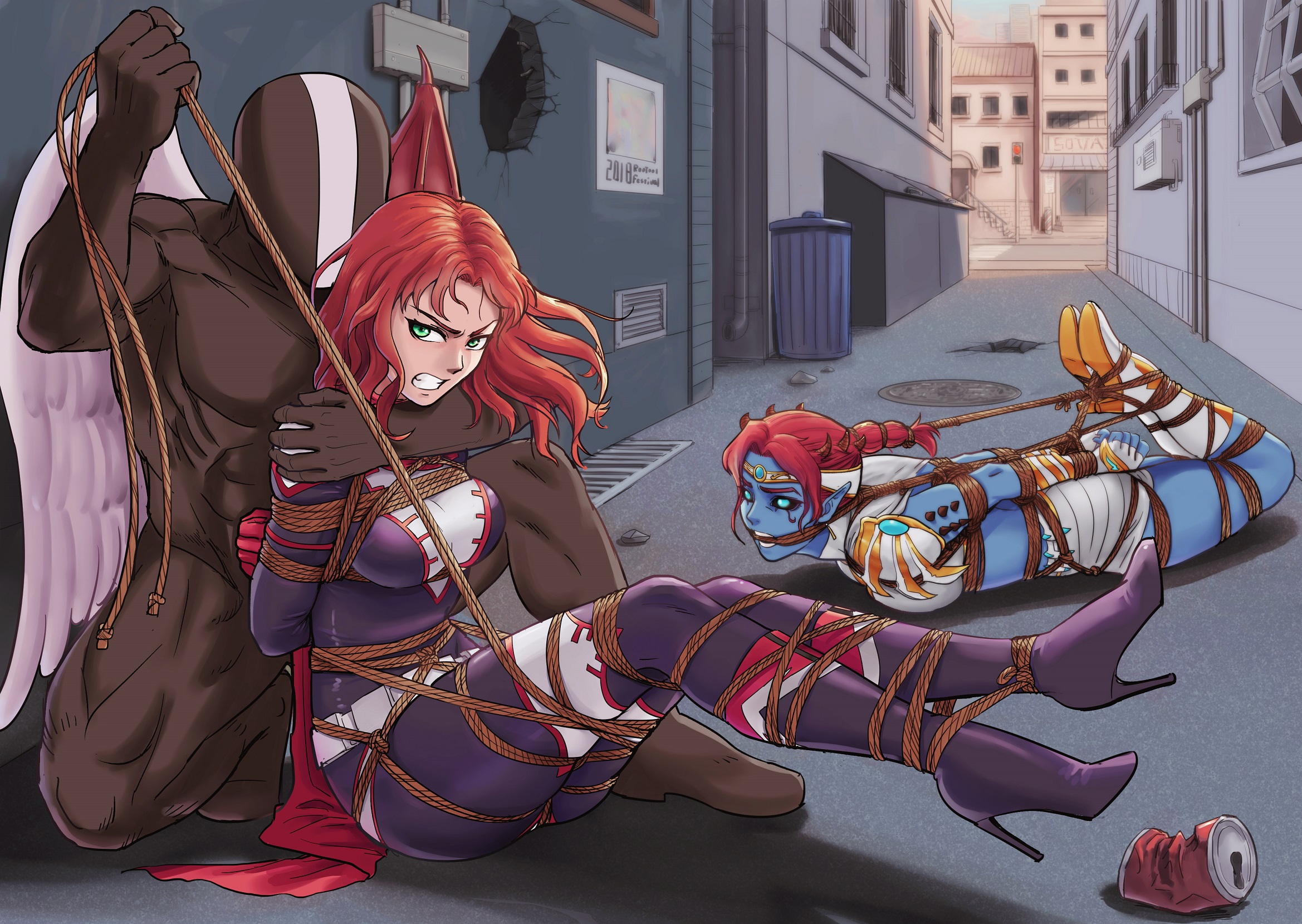 root001, original, highres, bdsm, bondage, bound, defeat, gag, kidnapping, restrained, rope, shibari, shibari over clothes