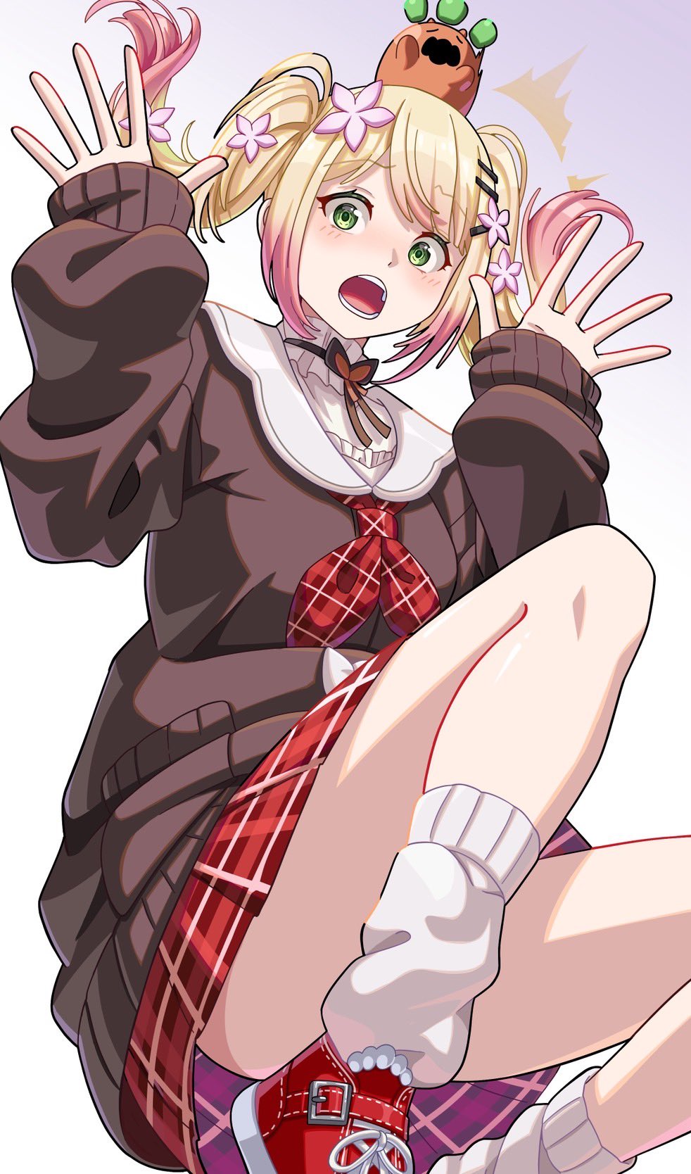 tomato matoma, momosuzu nene, momosuzu nene (casual), nekko (momosuzu nene), hololive, commentary request, highres, 1girl, ^^^, blonde hair, blush, bow, bowtie, brown bow, brown bowtie, brown cardigan, cardigan, collar, floating hair, frilled collar, frilled shirt, frills, gradient hair, green eyes, hair ornament, hairclip, hands up, looking at viewer, loose socks, medium hair, multicolored hair, neckerchief, official alternate costume, official alternate hairstyle, on head, open mouth, pink hair, plaid clothes, plaid neckerchief, plaid skirt, red neckerchief, red shoes, red skirt, sailor collar, shirt, shoes, sidelocks, skirt, sleeves past wrists, socks, surprised, swept bangs, twintails, virtual youtuber, white background, white sailor collar, white shirt, white socks