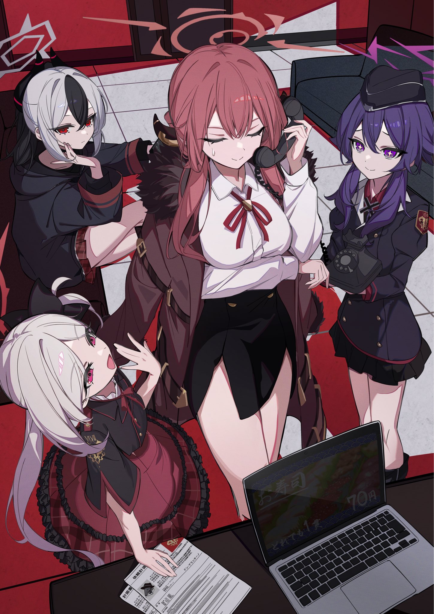 oyaji hime, aru (blue archive), haruka (blue archive), kayoko (blue archive), mutsuki (blue archive), blue archive, commentary request, highres, 4girls, arm under breasts, black hat, black horns, black jacket, black skirt, breasts, brown coat, closed eyes, closed mouth, coat, coat on shoulders, collared shirt, computer, corded phone, couch, crossed legs, demon horns, fur-trimmed coat, fur trim, furrowed brow, garrison cap, grey hair, hair between eyes, halo, hat, holding, holding phone, hood, hood down, hooded jacket, horns, indoors, jacket, laptop, long hair, long sleeves, looking at another, medium breasts, miniskirt, multiple girls, neck ribbon, open mouth, paper, pencil skirt, phone, pink eyes, pleated skirt, ponytail, problem solver 68 (blue archive), purple hair, red eyes, red hair, red ribbon, red skirt, ribbon, shirt, side ponytail, sidelocks, sitting, skirt, smile, sparkling eyes, standing, sweatdrop, table, white shirt