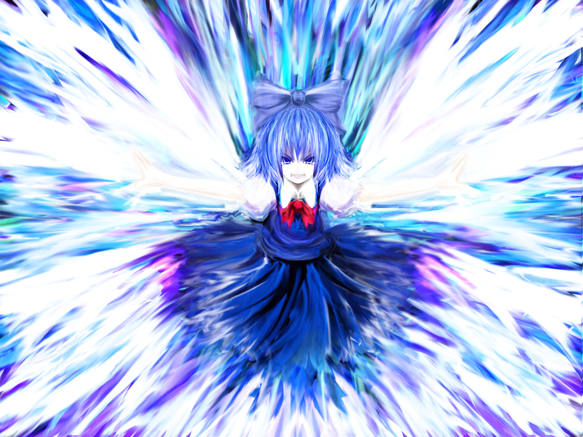 rasha, cirno, embodiment of scarlet devil, touhou, 1girl, angry, blue hair, blue theme, bow, female focus, hair bow, solo, tears