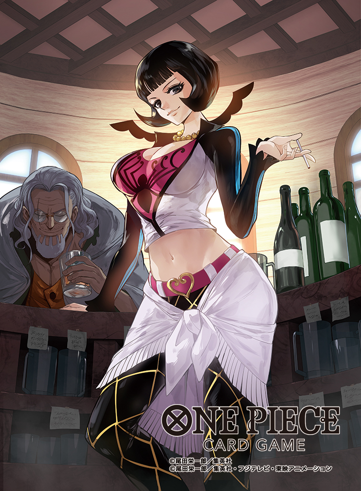 moreshan, shakuyaku (one piece), silvers rayleigh, one piece, one piece card game, official art, 1boy, 1girl, bar (place), beard, black hair, bob cut, bottle, breasts, cigarette, cleavage, clothes around waist, copyright notice, crop top, cup, drinking glass, facial hair, glasses, grey hair, holding, holding cigarette, large breasts, mug, smile, window, wine bottle