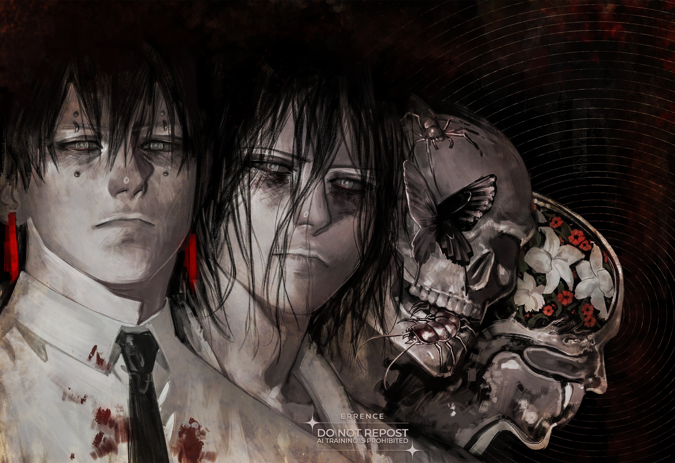 kagurabachi, character request, highres, 1boy, black butterfly, black hair, black necktie, black sclera, blood, blood on clothes, bug, butterfly, centipede, collared shirt, colored sclera, dark background, errence, flower, grey eyes, hair between eyes, horror (theme), insect, looking at viewer, male focus, medium hair, messy hair, necktie, progression, red flower, serious, shirt, short hair, skull, spider, symbolism, white flower, white shirt