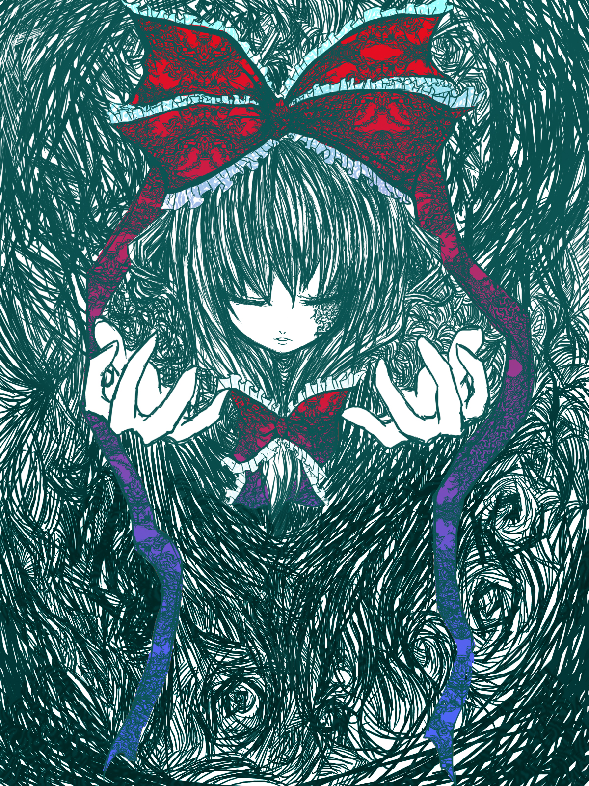 rasha, kagiyama hina, touhou, highres, 1girl, closed eyes, female focus, front ponytail, green theme, ribbon, solo