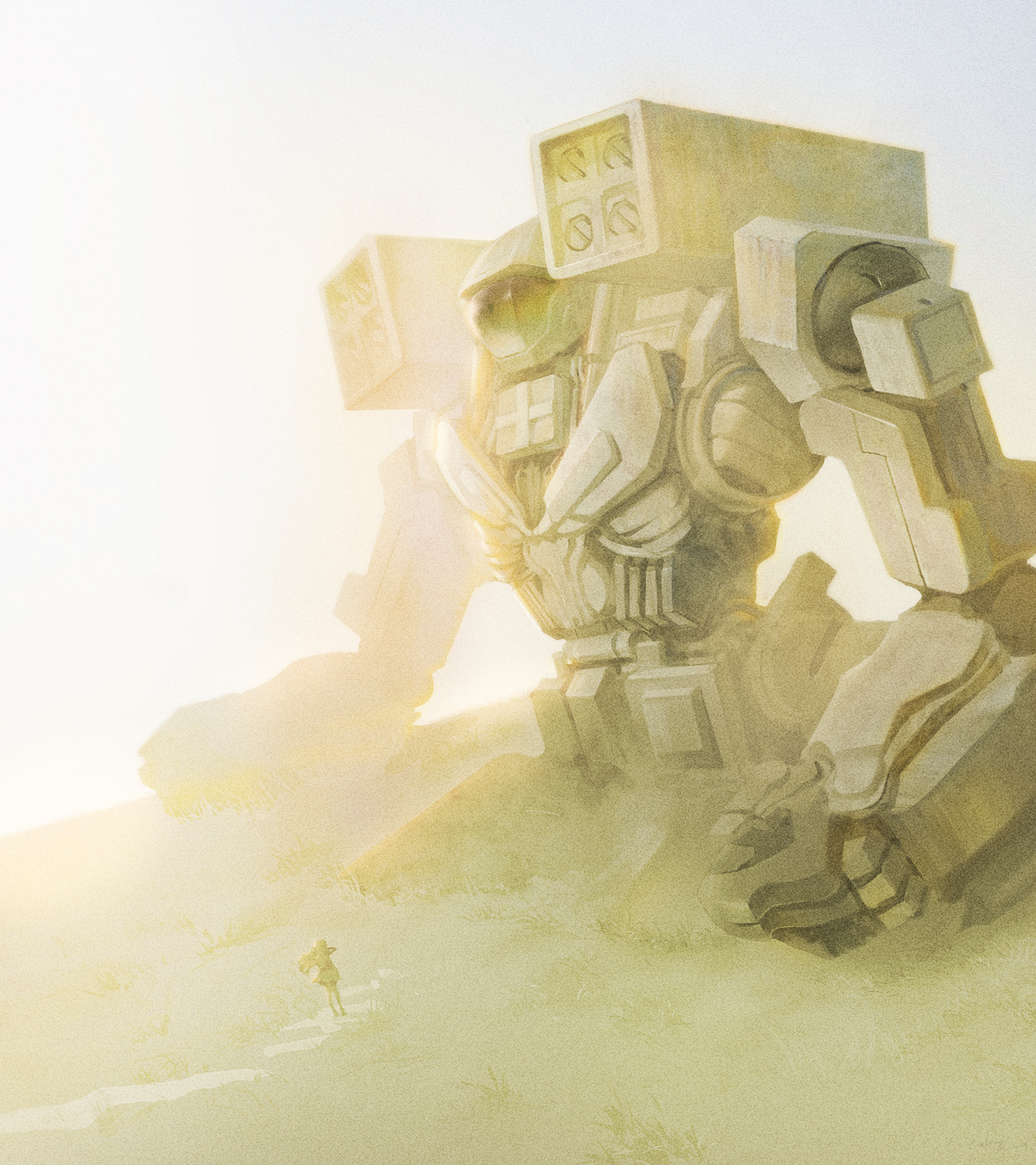 ciel (19940421), fuyusaka iori, juusan kihei bouei ken, commentary request, highres, 1girl, field, grey background, long hair, mecha, outdoors, path, road, robot, scenery, science fiction, solo, standing, wide shot