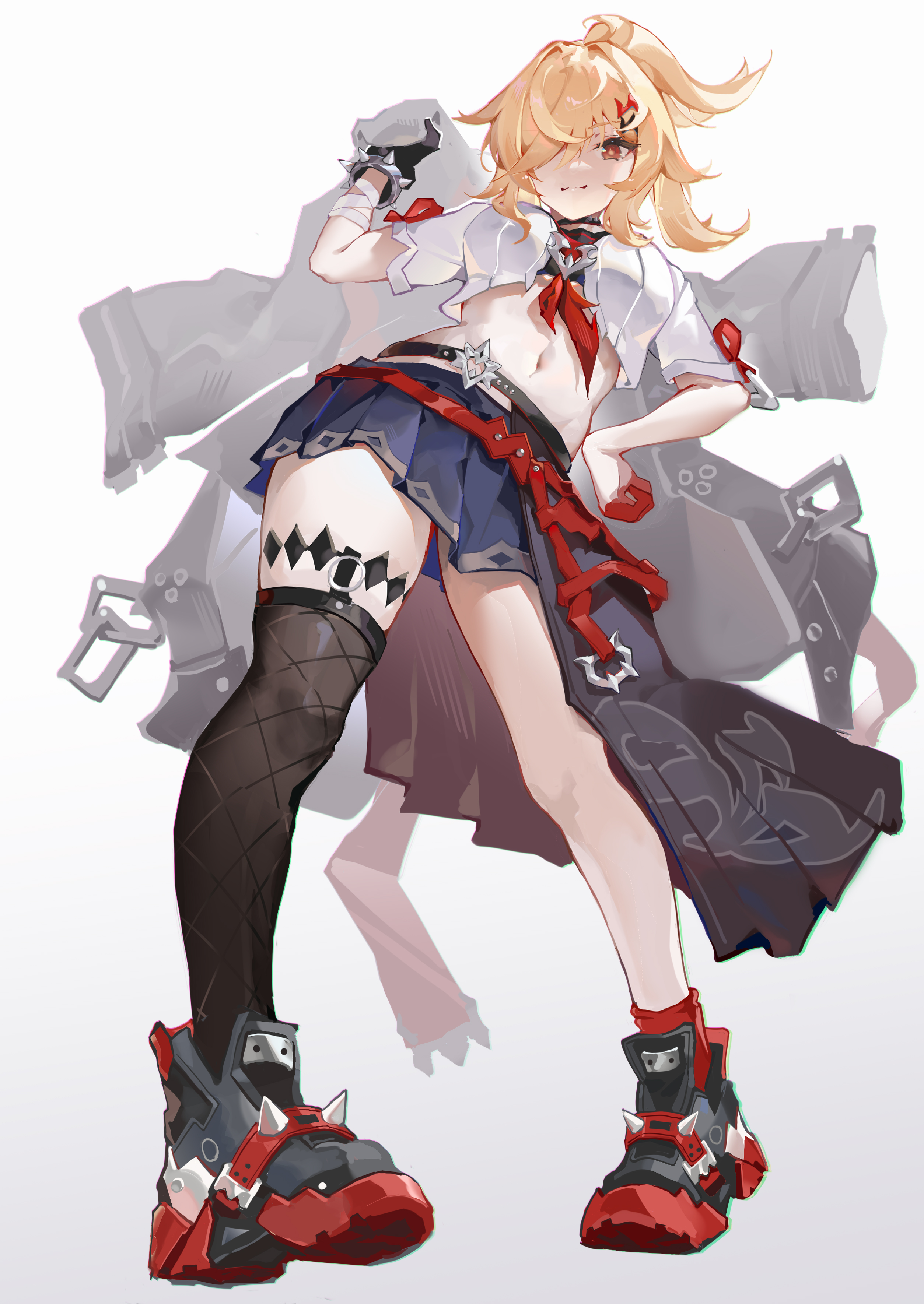 asc11, chenxue (astralop), chenxue (honkai impact), honkai (series), honkai impact 3rd, original, absurdres, highres, 1girl, black choker, black gloves, blonde hair, breasts, choker, crop top, gloves, hair ornament, hair over one eye, long hair, looking at viewer, official alternate costume, official alternate hair length, official alternate hairstyle, red eyes, shirt, short sleeves, simple background, stomach, white background, white shirt