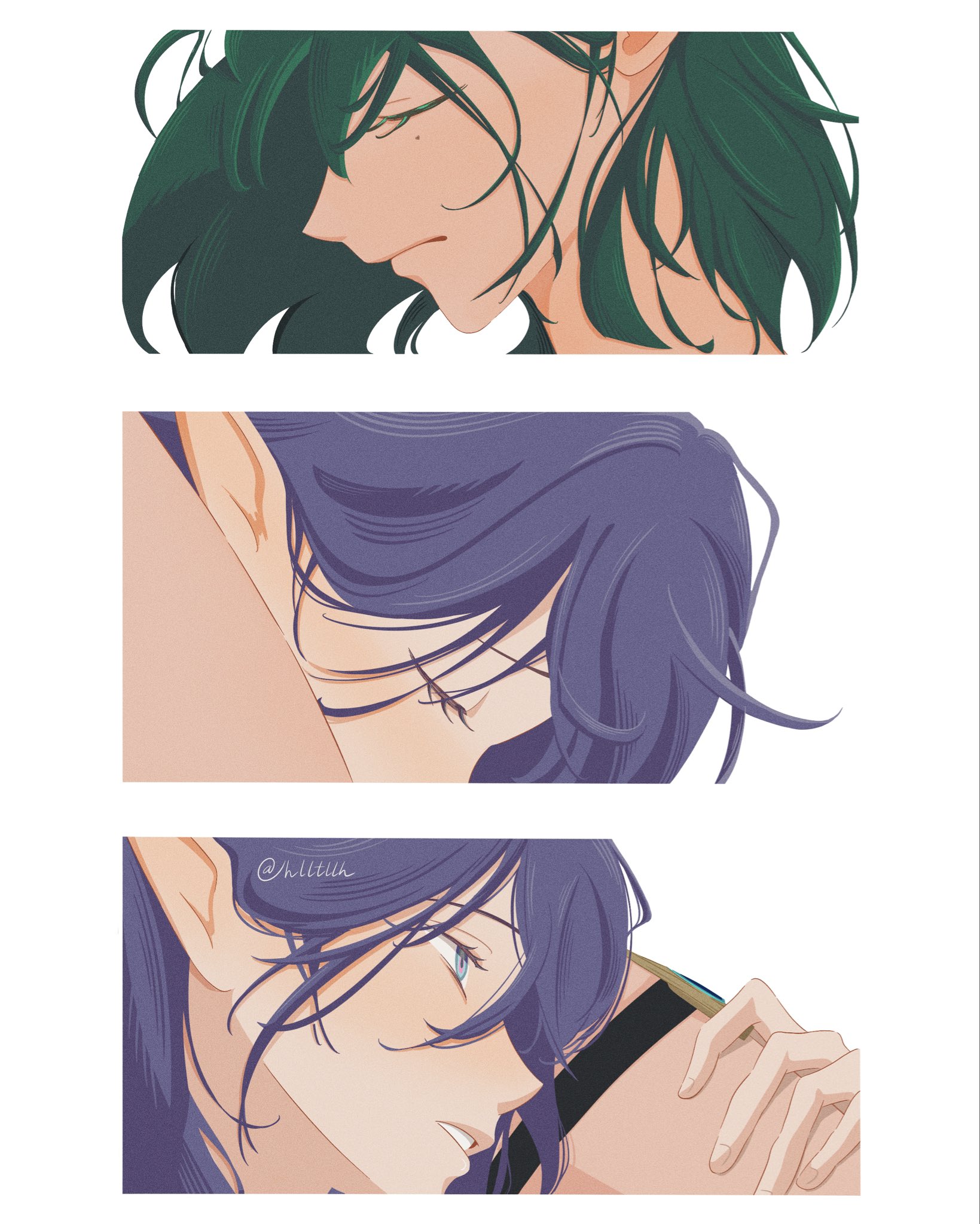 lauma (genshin impact), nefer (genshin impact), genshin impact, commentary, english commentary, highres, 2girls, between legs, closed eyes, closed mouth, green hair, hand on another's thigh, hlltllh, implied cunnilingus, long hair, multiple girls, parted lips, pointy ears, purple eyes, purple hair, short hair, simple background, thigh strap, white background, yuri