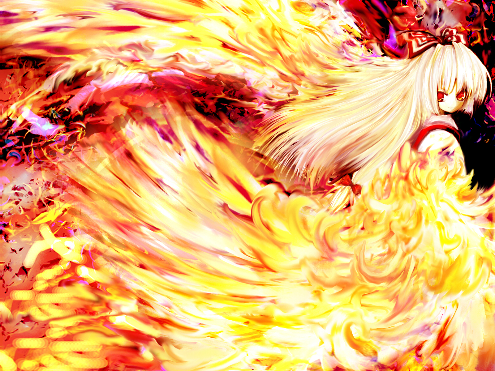 rasha, fujiwara no mokou, touhou, highres, 1girl, blunt bangs, bow, female focus, fiery wings, fire, fringe trim, hair bow, hair ribbon, long hair, looking back, red eyes, ribbon, solo, white hair, wings