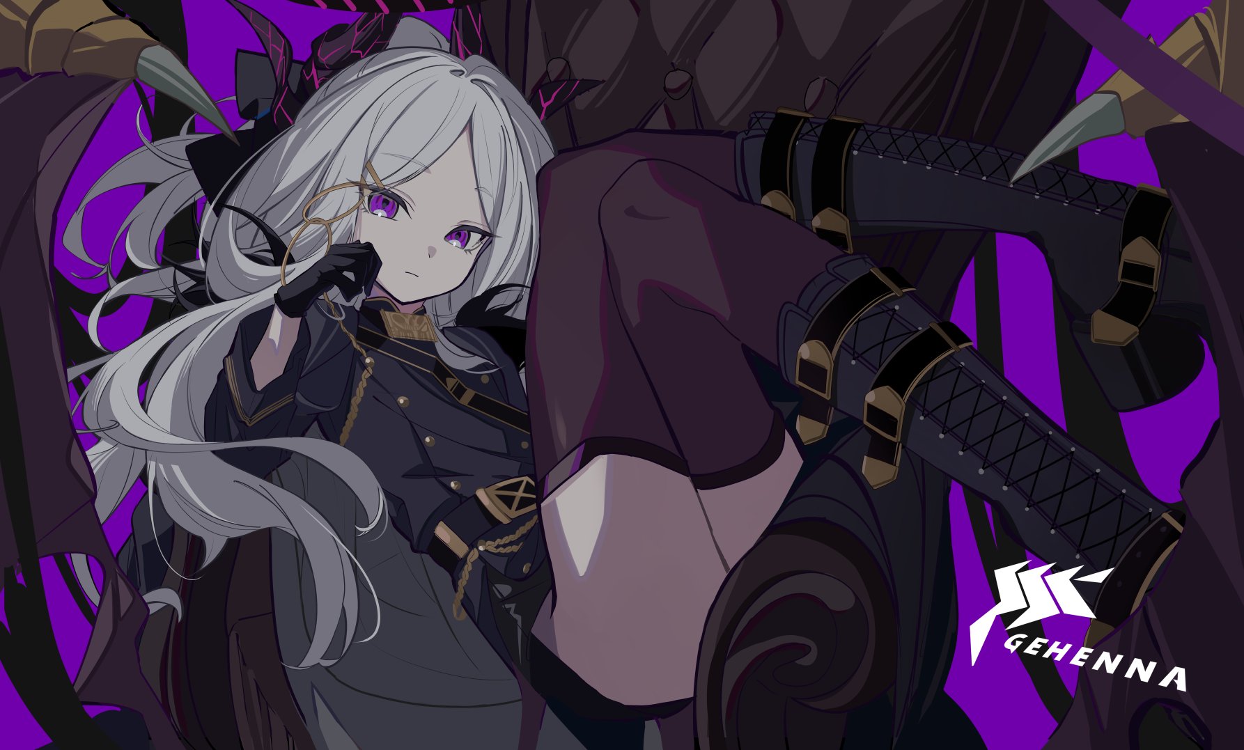 oyaji hime, hina (blue archive), blue archive, commentary request, highres, 1girl, black boots, black gloves, black suit, boots, closed mouth, convenient censoring, demon horns, demon wings, formal clothes, gehenna academy logo, gloves, grey hair, halo, horns, long hair, looking at viewer, no ahoge, parted bangs, purple background, purple eyes, purple thighhighs, solo, suit, thighhighs, throne, wings