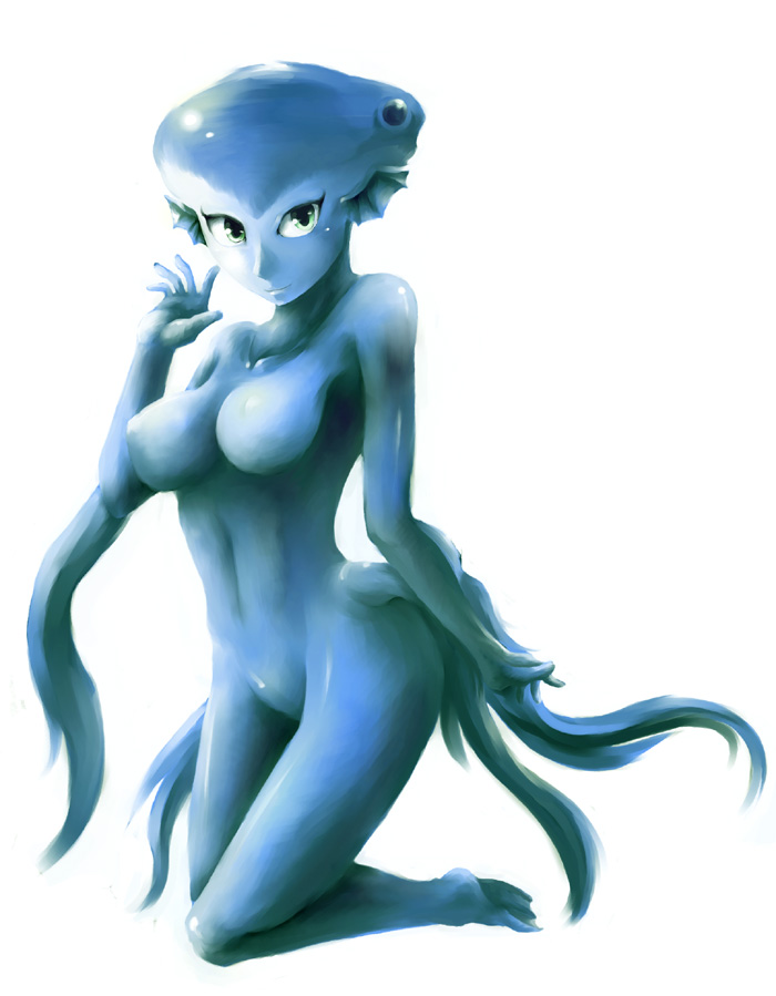 drias, princess ruto, nintendo, the legend of zelda, the legend of zelda: ocarina of time, 1girl, aged up, blue skin, breasts, colored skin, female focus, fish girl, green eyes, kneeling, large breasts, monster girl, nude, solo, zora