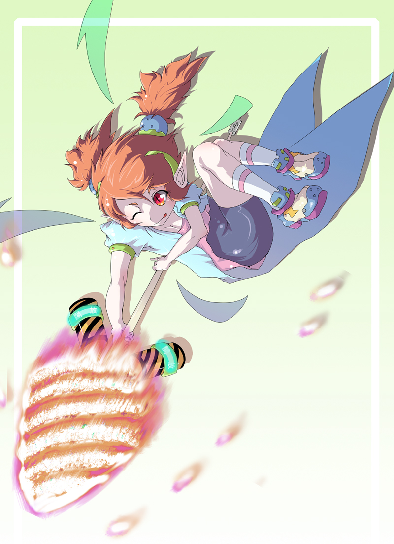 drias, ce-tan, os-tan, 1girl, bike shorts, cape, drill, fairy, female focus, fire, one eye closed, orange hair, pointy ears, red eyes, slit pupils, solo, tongue, twintails, wings