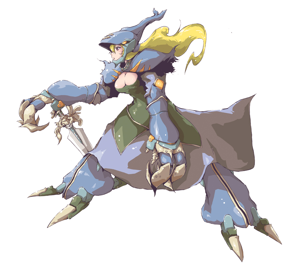 drias, danbai, dunbine, futaba channel, nijiura maids, seisenshi dunbine, 1980s (style), 1girl, blonde hair, breasts, cleavage, female focus, large breasts, long hair, mecha musume, oldschool, personification, retro artstyle, simple background, solo, sword, weapon, white background