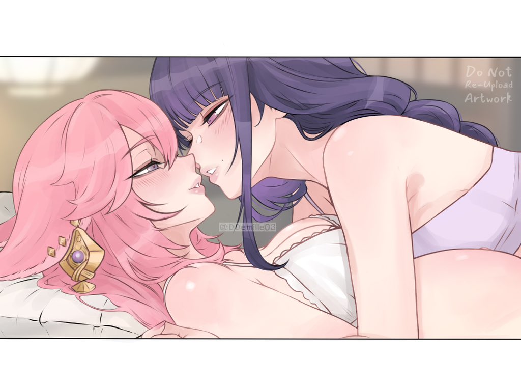 raiden shogun, yae miko, genshin impact, commentary, english commentary, 2girls, animal ears, blush, bra, breasts, camisole, cleavage, ddemille03, earrings, fox ears, jewelry, large breasts, long hair, multiple girls, parted lips, pink hair, purple camisole, purple eyes, purple hair, smile, underwear, white bra, yuri
