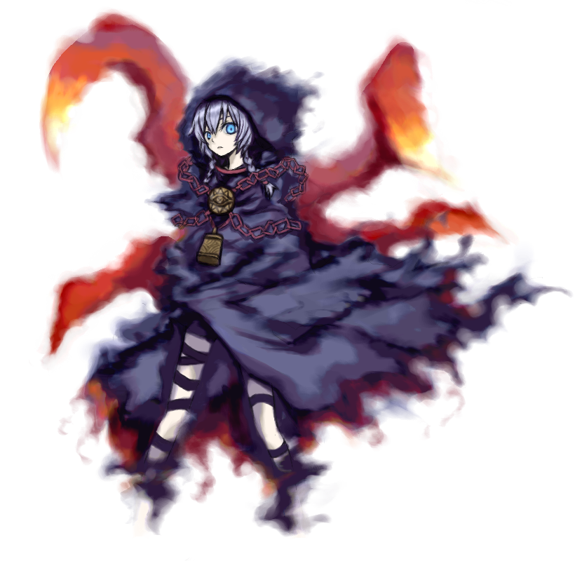 pee (pixiv4293), peepa, curse maker, curse maker 2, atlus, etrian odyssey, 1girl, blue eyes, braid, cape, chain, cloak, female focus, hood, purple hair, solo, twin braids