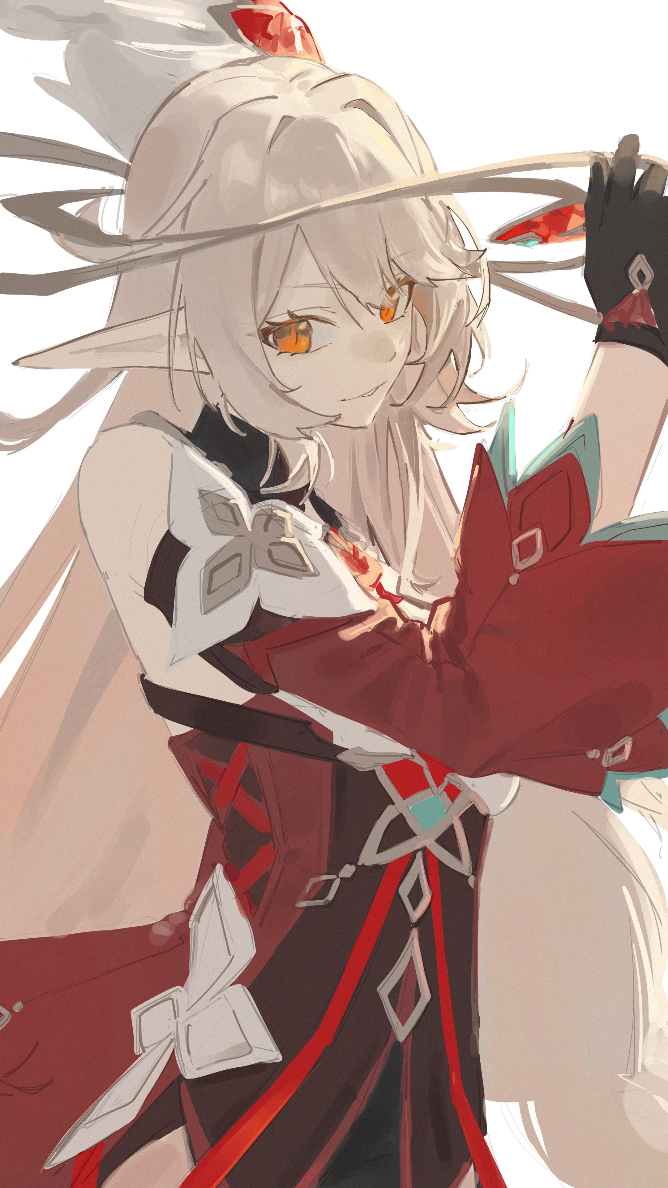 lupinu5, alice (genshin impact), genshin impact, absurdres, highres, 1girl, black gloves, blonde hair, cowlick, detached sleeves, dress, gloves, hair between eyes, long hair, looking at viewer, open mouth, pointy ears, red dress, red sleeves, simple background, sketch, smile, very long hair, white background