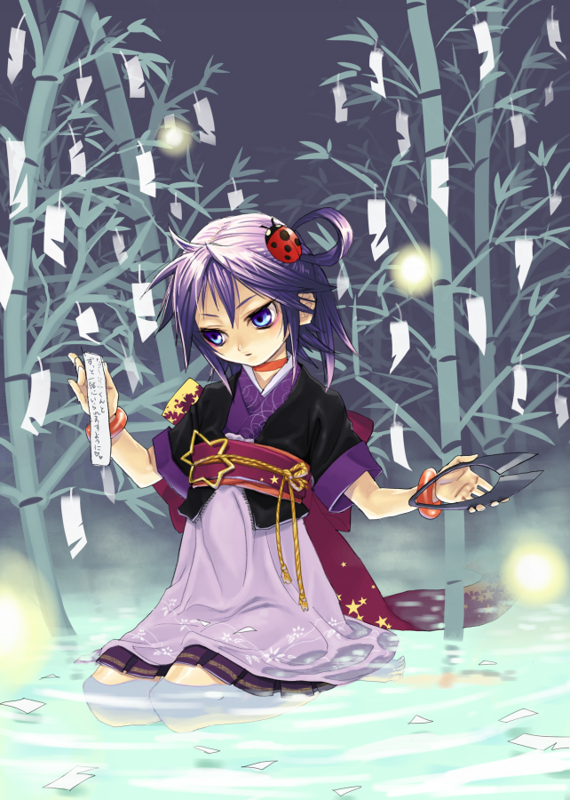 natsuhiko, 1girl, bamboo, bamboo forest, blue eyes, bug, female focus, forest, insect, japanese clothes, ladybug, nature, purple hair, solo, tanabata, tanzaku, water