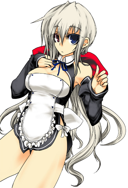 aoguu, futaba riho, itai, dream c club, dream c club (series), futaba channel, nijiura maids, bad id, bad pixiv id, 1girl, apron, bare shoulders, blue eyes, combat maid, cosplay, detached sleeves, female focus, futaba riho (cosplay), heterochromia, long hair, maid, maid apron, red eyes, simple background, solo