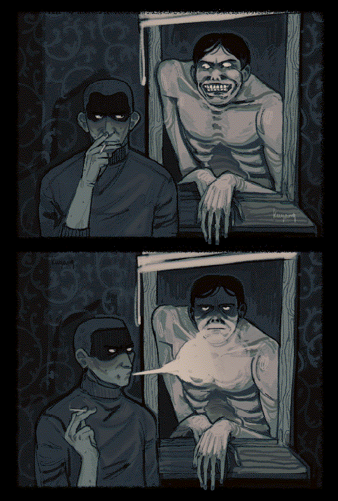 intruder (no i'm not a human), protagonist (no i'm not a human), no i'm not a human, highres, 2boys, annoyed, black eyes, black hair, black sweater, cigarette, emaciated, evil grin, evil smile, grin, holding, holding cigarette, kkkrrrsssuuu, looking at another, male focus, multiple boys, parody, short hair, smile, smoke, smoking, sweater, topless male, turtleneck, turtleneck sweater, very short hair, window
