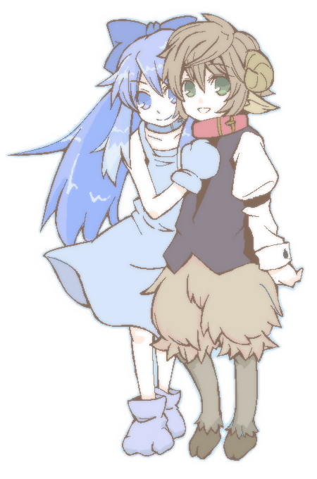 pee (pixiv4293), peepa, inu-t, shitsuji, os-tan, bad id, bad pixiv id, 1boy, 1girl, animal ears, blue eyes, blue hair, collar, dog ears, horns, ribbon, simple background