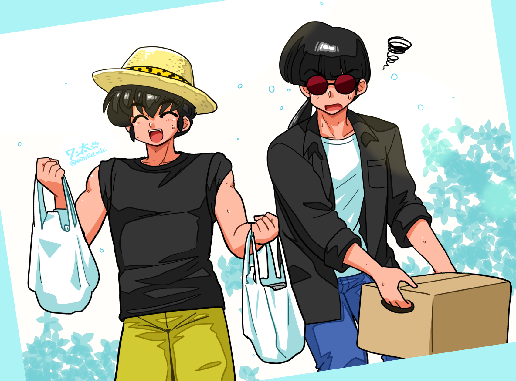 wanta (futoshi), hibiki ryouga, mousse (ranma 1/2), ranma 1/2, highres, 2boys, ^ ^, annoyed, artist name, bag, black hair, black jacket, blue background, blue pants, box, cardboard box, closed eyes, cowboy shot, fangs, hat, hat ribbon, holding, holding bag, jacket, low ponytail, male focus, multiple boys, muscular, muscular male, pants, ponytail, ribbon, shirt, shopping bag, signature, sleeves rolled up, straight hair, straw hat, sweat, v-shaped eyebrows, white shirt, yellow pants
