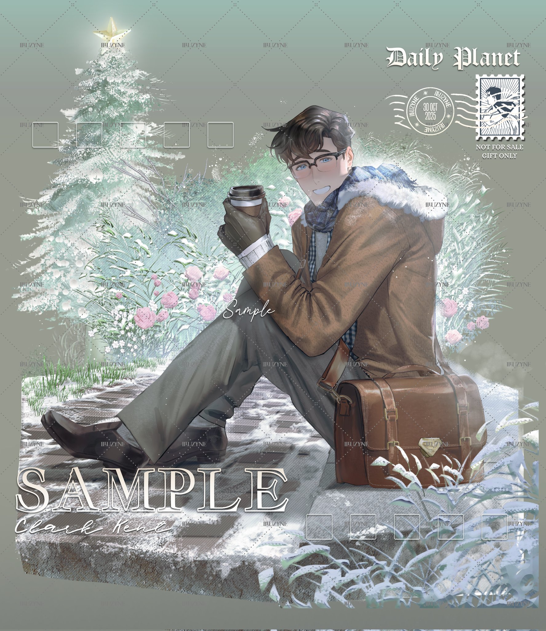 clark kent, dc comics, my adventures with superman, superman (series), highres, mixed-language commentary, multilingual commentary, 1boy, artist name, bag, black-framed eyewear, black gloves, black hair, blue eyes, coat, cup, disposable coffee cup, disposable cup, english text, flower, fur-trimmed hood, fur trim, glasses, gloves, grass, grey pants, hood, illuzyne, male focus, pants, pine tree, pink flower, pink rose, postage stamp, rose, sample watermark, scarf, shoulder bag, sitting, smile, snow, superman logo, tree, watermark