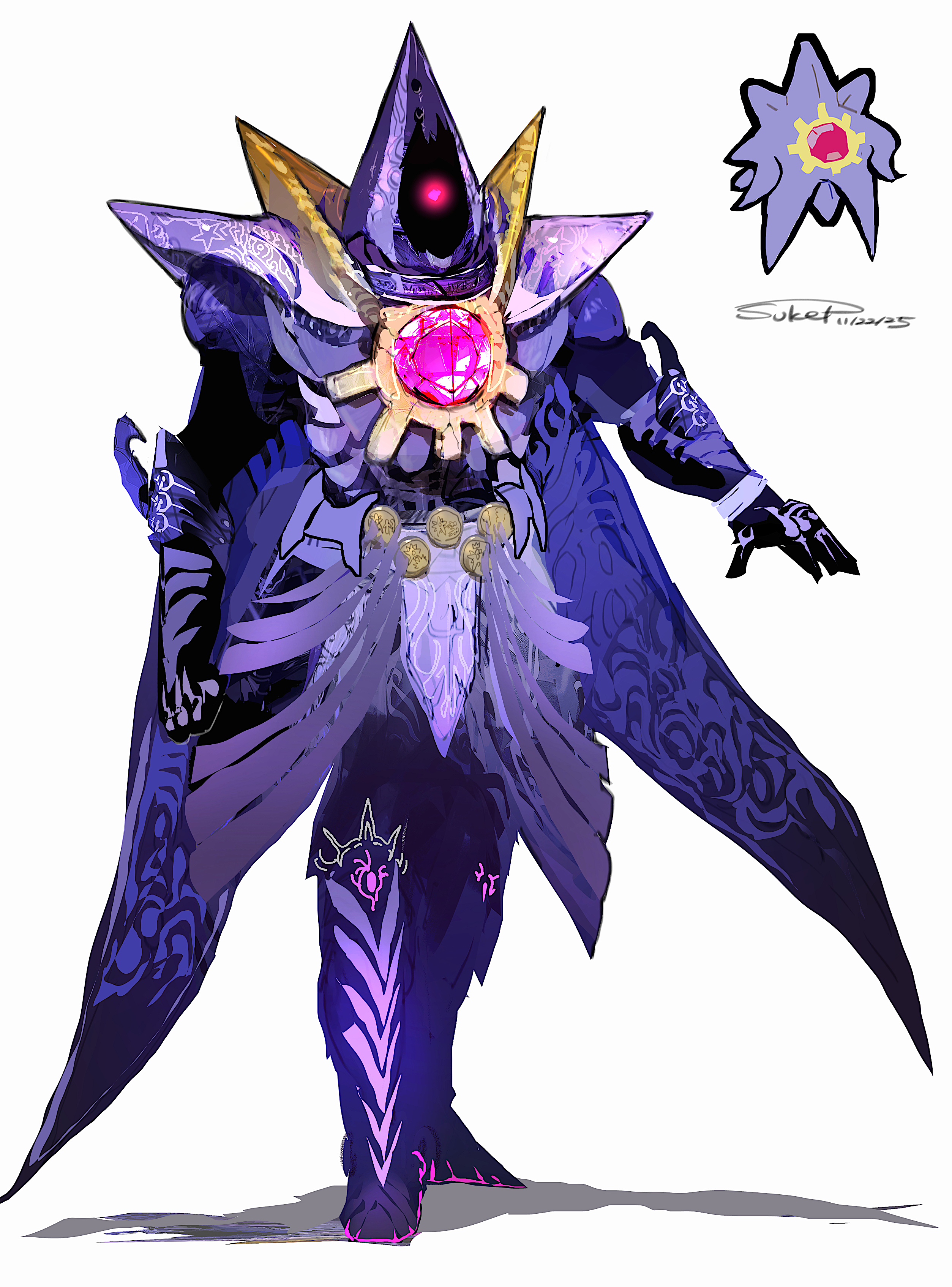 sukepmonster, mega starmie, starmie, nintendo, pokemon, absurdres, highres, armor, colored skin, full body, gem, gen 1 pokemon, hood, humanization, long legs, looking at viewer, mega pokemon, no eyes, no humans, pokemon (creature), purple armor, purple skin, red eyes, red gemstone, redesign, signature, simple background, starfish