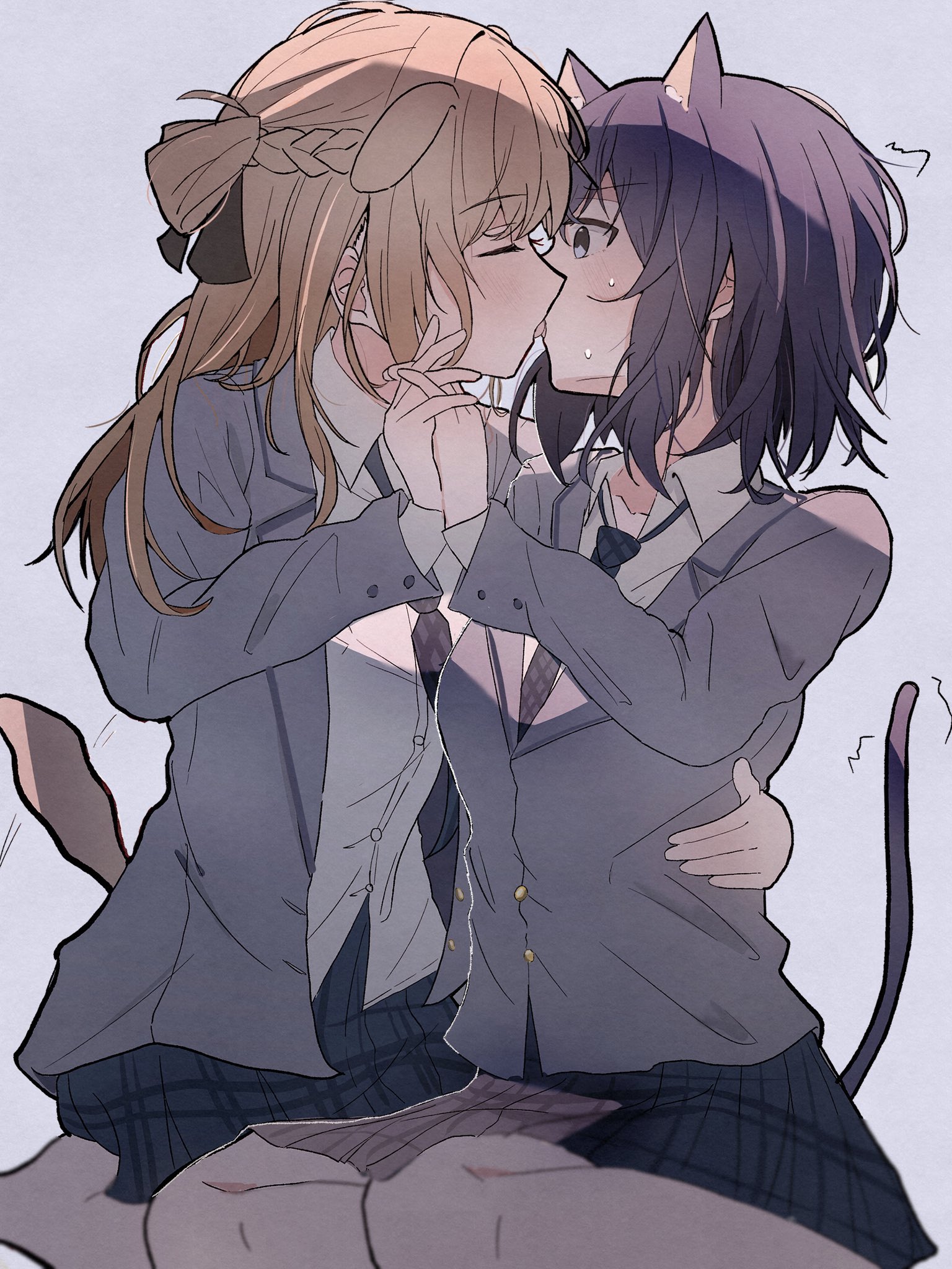 miyagi shiori, sendai hazuki, shuuniichido classmate wo kau hanashi, commentary, hashtag-only commentary, highres, 2girls, animal ears, black necktie, black skirt, blazer, blue eyes, braid, brown hair, cat ears, cat girl, cat tail, closed eyes, collared shirt, dog ears, dog girl, dog tail, french kiss, grey jacket, half up braid, hand on another's waist, holding hands, interlocked fingers, jacket, kiss, multiple girls, necktie, plaid clothes, plaid skirt, pleated skirt, purple background, shirt, skirt, tail, tongue, tongue out, touka127430, white shirt, yuri