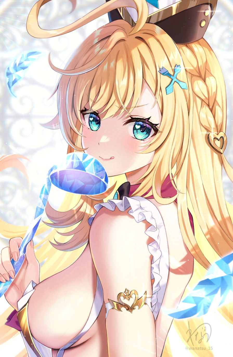 wanatsu 15, escoffier (genshin impact), genshin impact, commentary request, highres, revision, 1girl, :q, aqua eyes, artist name, bare shoulders, blonde hair, blurry, blurry background, braid, breasts, cowlick, dress, fork hair ornament, frilled dress, frills, from side, glint, hair between eyes, hand up, hat, heart, heart in eye, holding, holding ladle, ladle, long hair, looking at viewer, medium breasts, side braid, sideboob, sidelocks, signature, solo, symbol in eye, tongue, tongue out, turning head, upper body, very long hair, white background, white dress