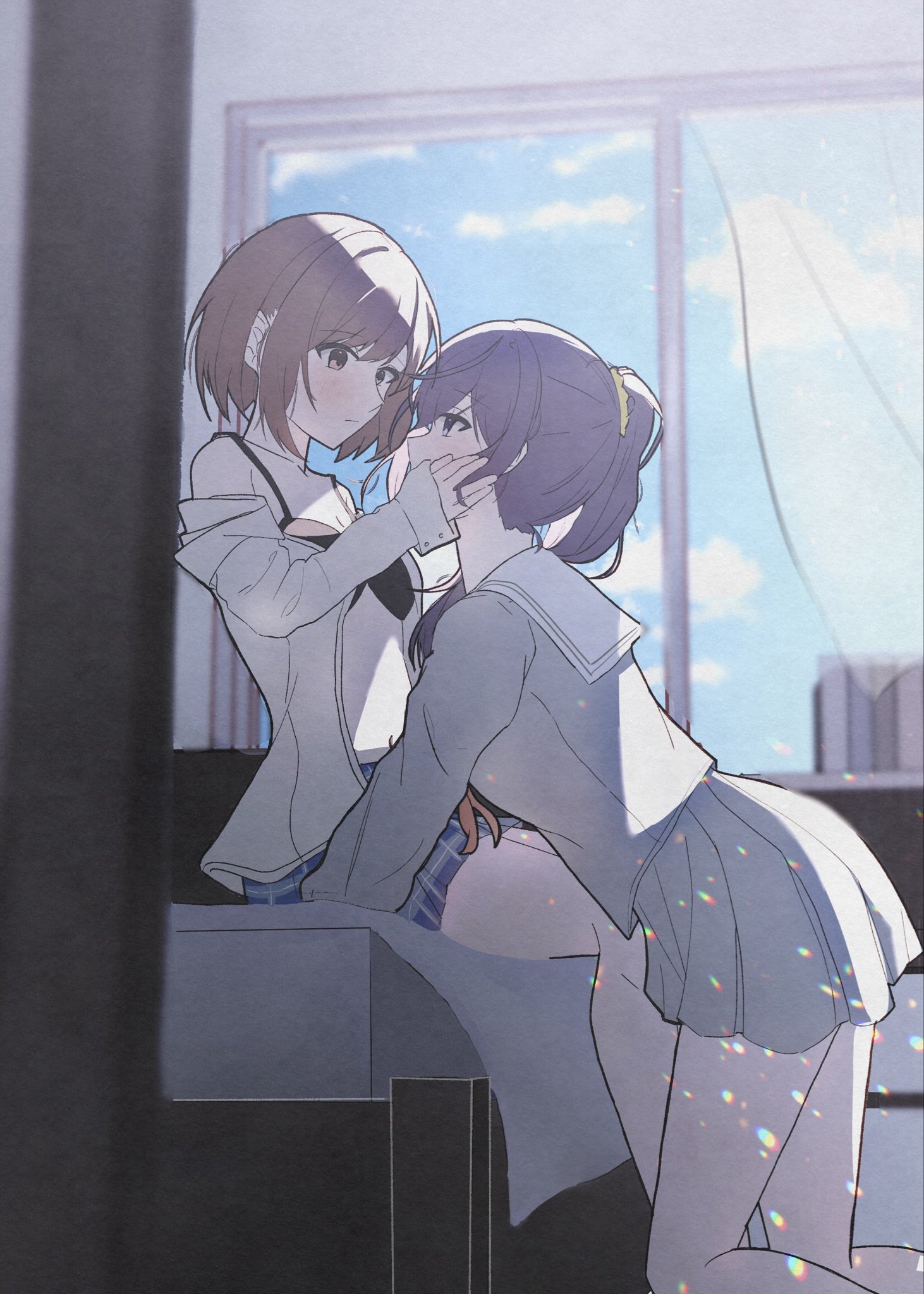 asahina mafuyu, shinonome ena, project sekai, commentary request, highres, 2girls, black bra, blue skirt, blue sky, bra, brown eyes, brown hair, cloud, curtains, day, grey shirt, grey skirt, hand on another's face, indoors, lens flare, multiple girls, plaid clothes, plaid skirt, pleated skirt, ponytail, purple eyes, purple hair, school uniform, serafuku, shirt, short hair, skirt, sky, touka127430, underwear, white shirt, window, yuri